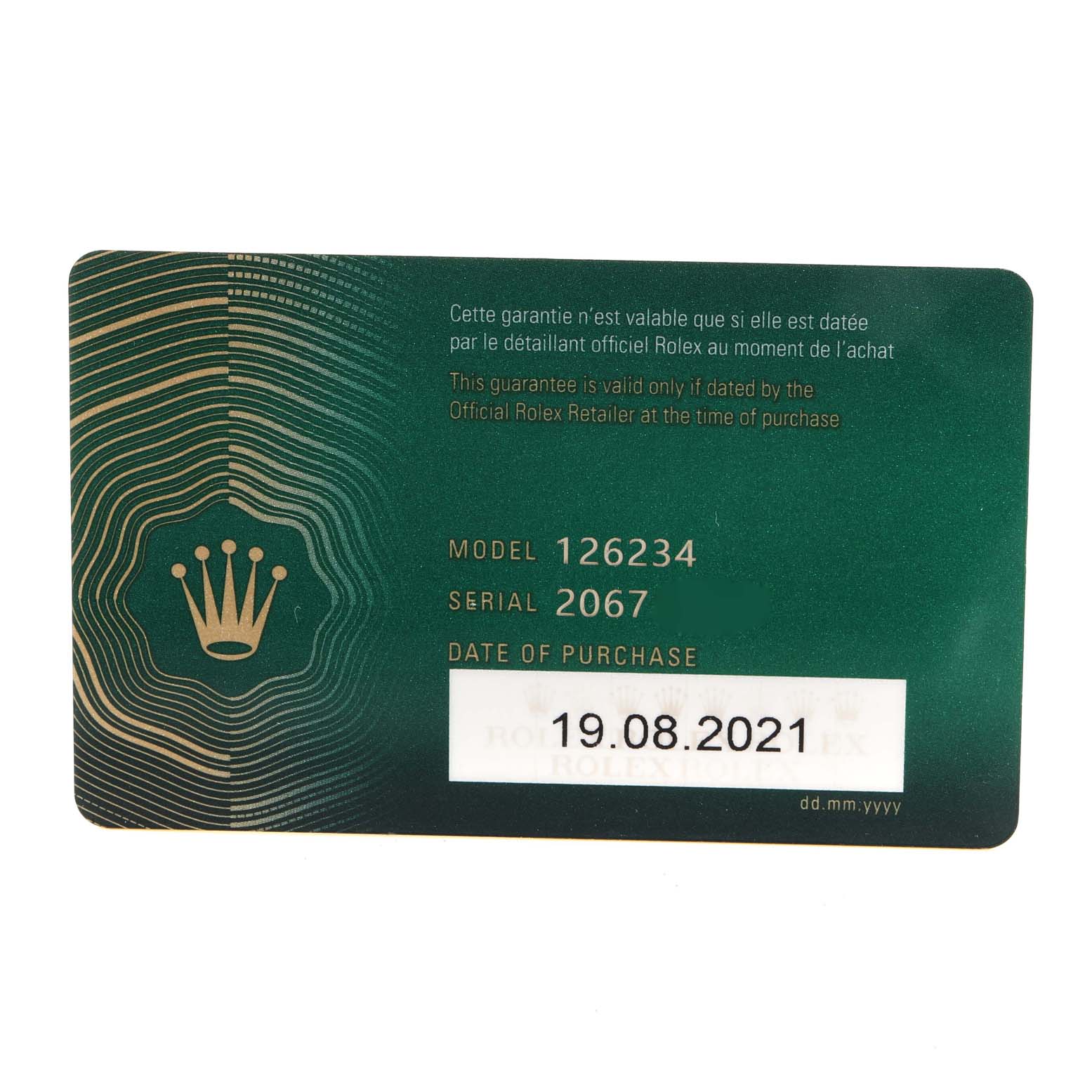 This image shows the warranty card for the Rolex Datejust 126234 Men
s Stainless Steel Blue Dial 126234 Men
s Stainless Steel Blue Dial model 126234, purchased on 19.08.2021.