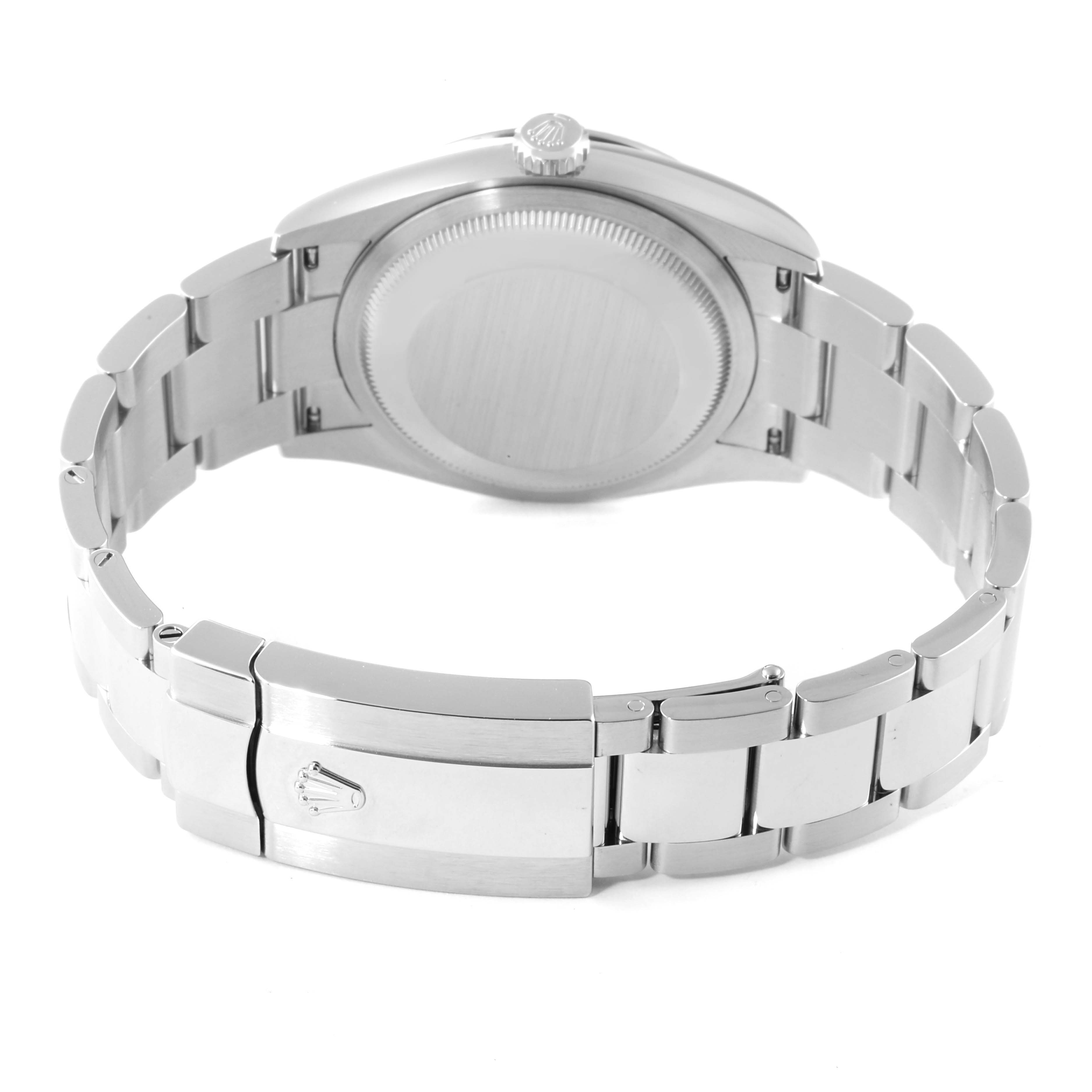 The image shows the back view of the Rolex Datejust 126234 Men
s Stainless Steel Blue Dial 126234 Men
s Stainless Steel Blue Dial watch, featuring the case back, crown, and bracelet with clasp.