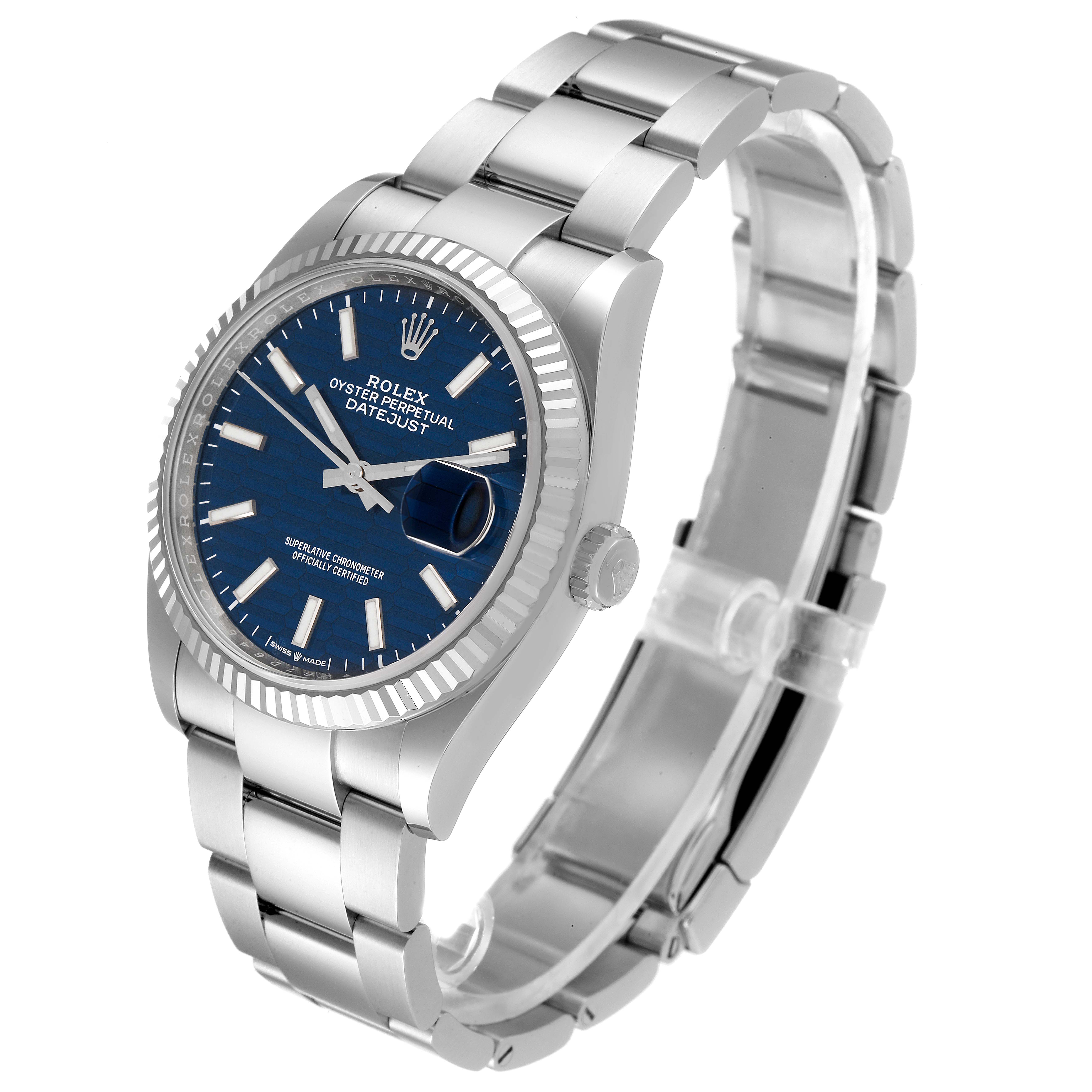 The image shows a Rolex Datejust 126234 Men
s Stainless Steel Blue Dial 126234 Men
s Stainless Steel Blue Dial watch at a slight left angle, highlighting the blue dial, fluted bezel, and Oyster bracelet.