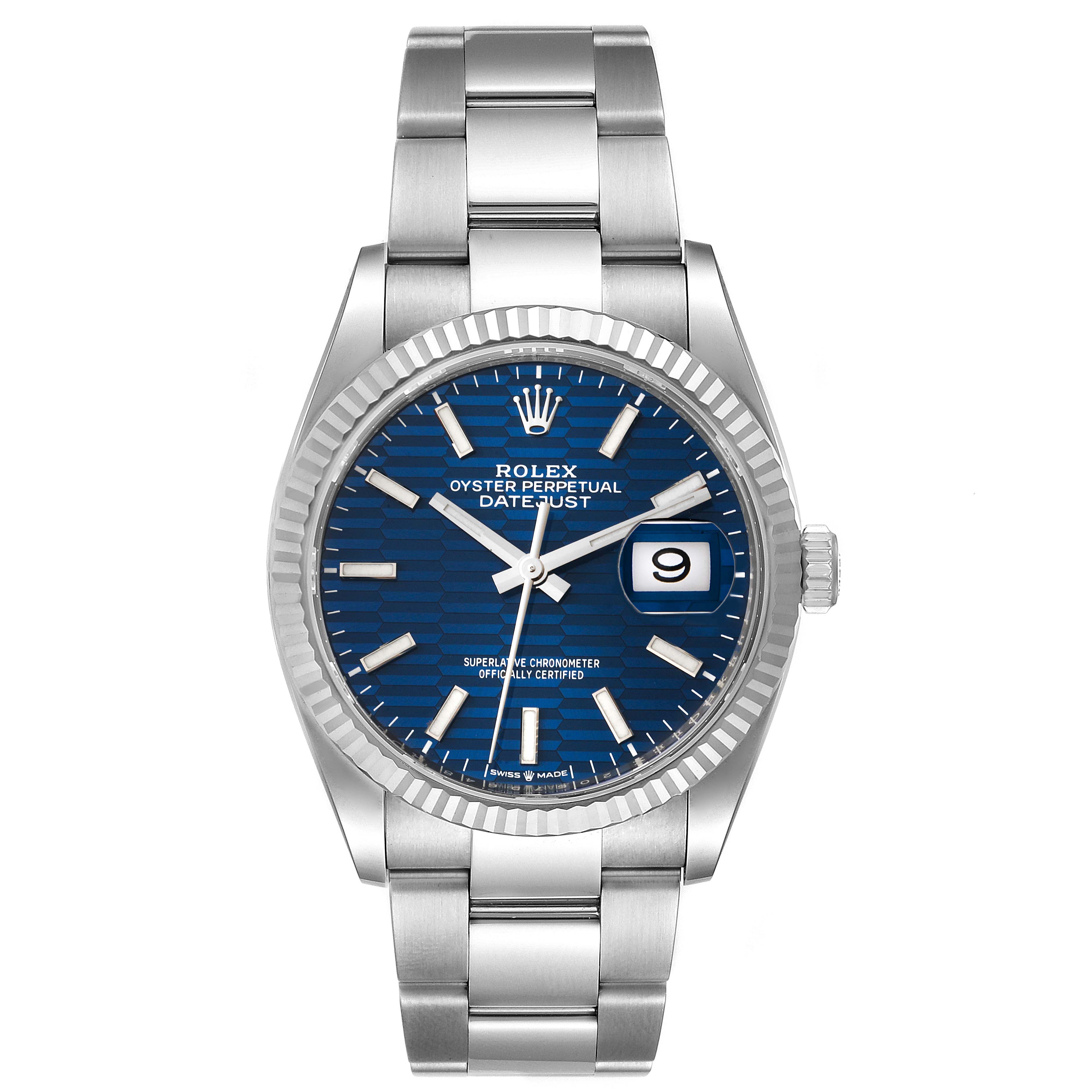 The image shows a front view of a Rolex Datejust 126234 Men
s Stainless Steel Blue Dial 126234 Men
s Stainless Steel Blue Dial watch with a blue dial and a stainless steel bracelet.