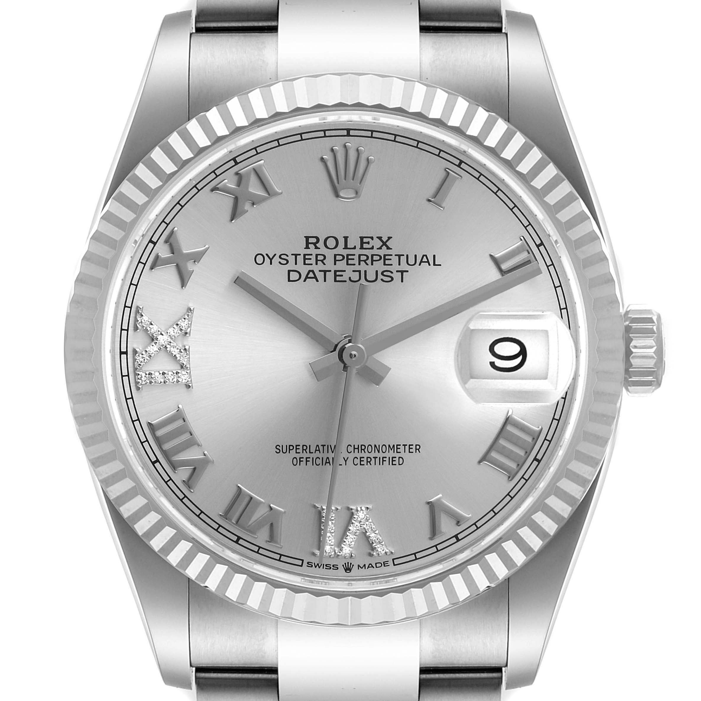 This image shows a front view of the Rolex Datejust 126234 Men's Stainless Steel Silver Dial 126234 Men's Stainless Steel Silver Dial watch, highlighting its dial, bezel, hands, and date window.