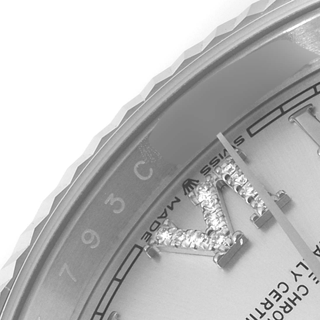 This close-up angle shows the bezel, dial, and partially the "Swiss Made" marking of a Rolex Datejust 126234 Men's Stainless Steel Silver Dial 126234 Men's Stainless Steel Silver Dial watch.