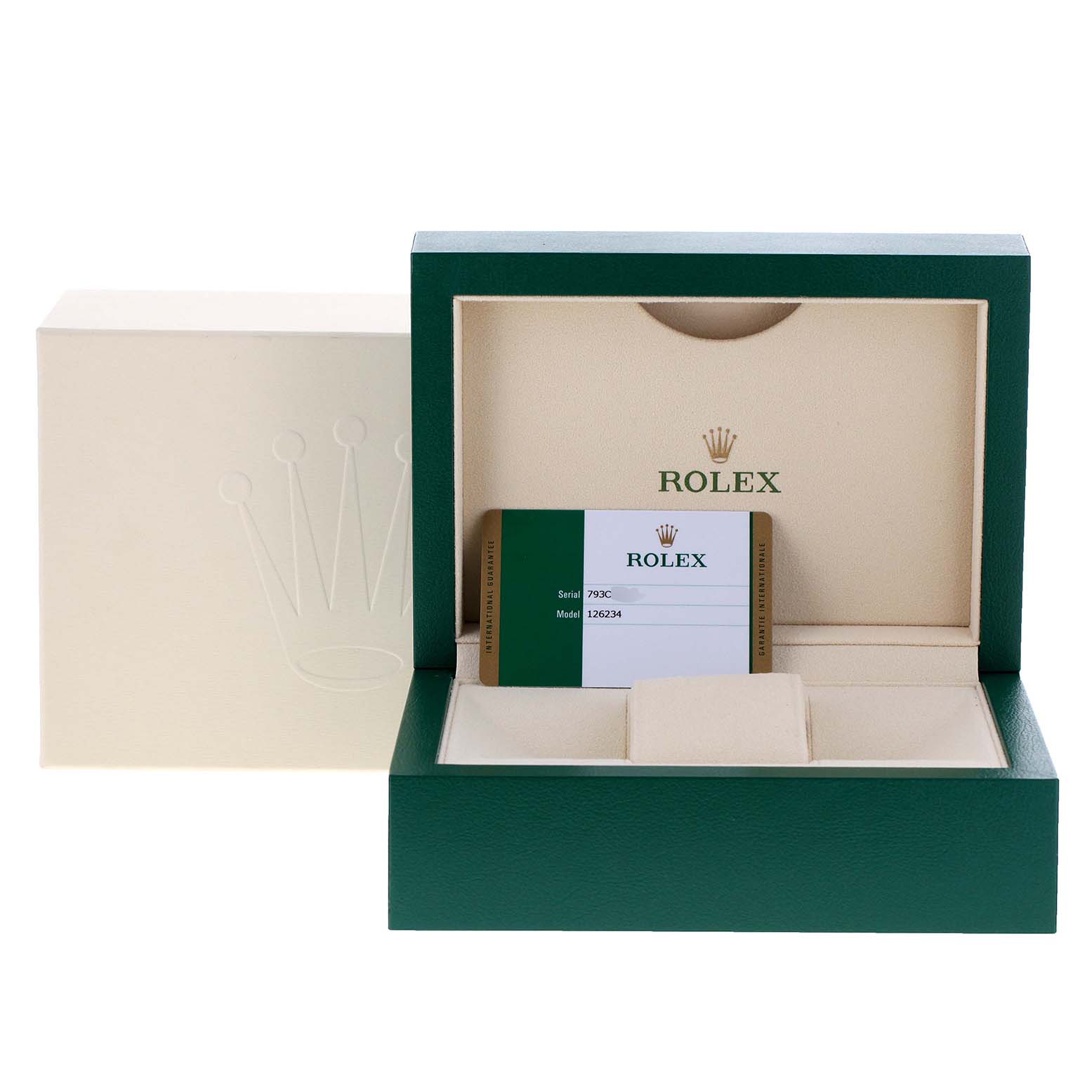 The image shows a Rolex Datejust 126234 Men's Stainless Steel Silver Dial 126234 Men's Stainless Steel Silver Dial model box and warranty card, presented at an angle showing the open box and card inside.