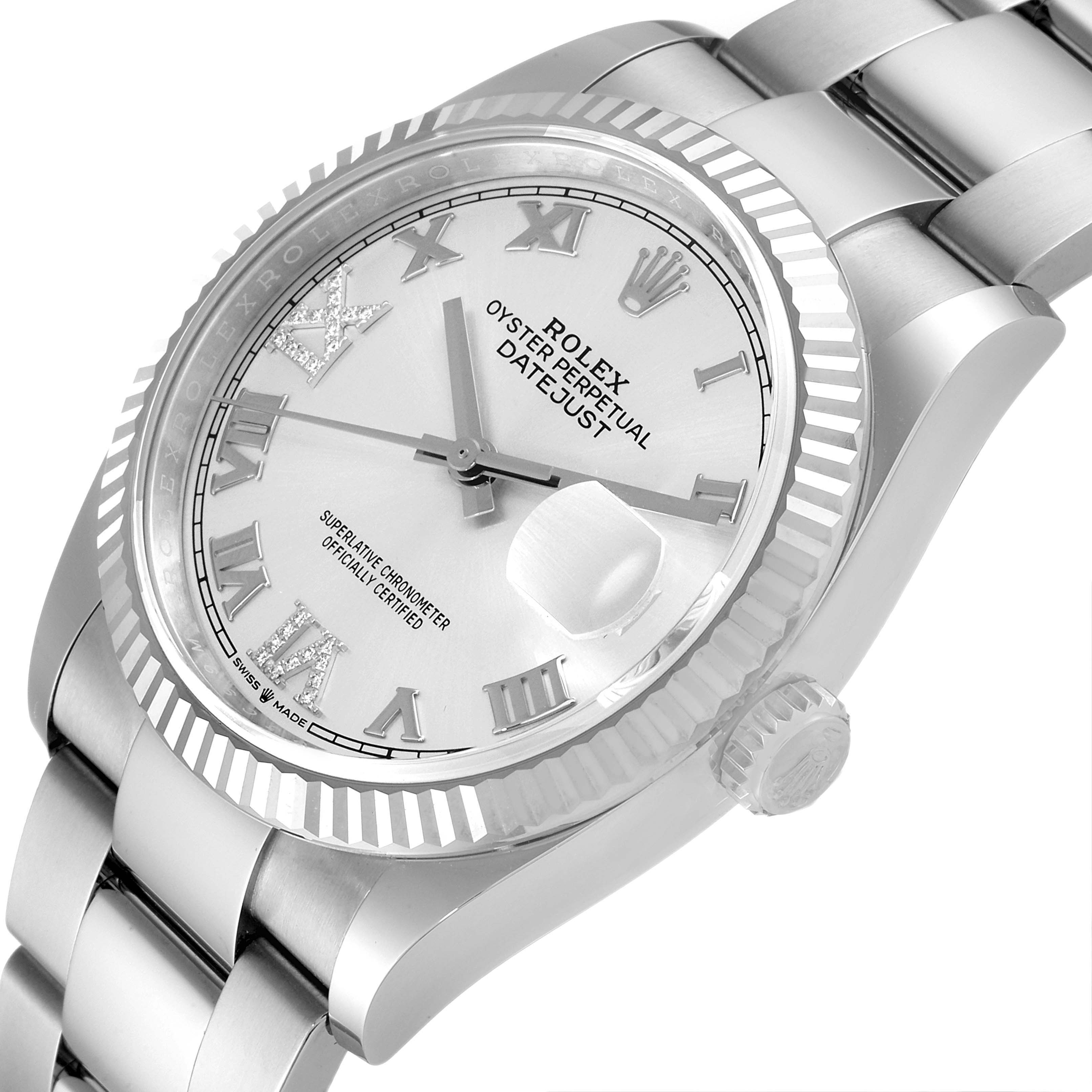 This image shows a close-up, angled view of the Rolex Datejust 126234 Men's Stainless Steel Silver Dial 126234 Men's Stainless Steel Silver Dial watch face and part of the bracelet.