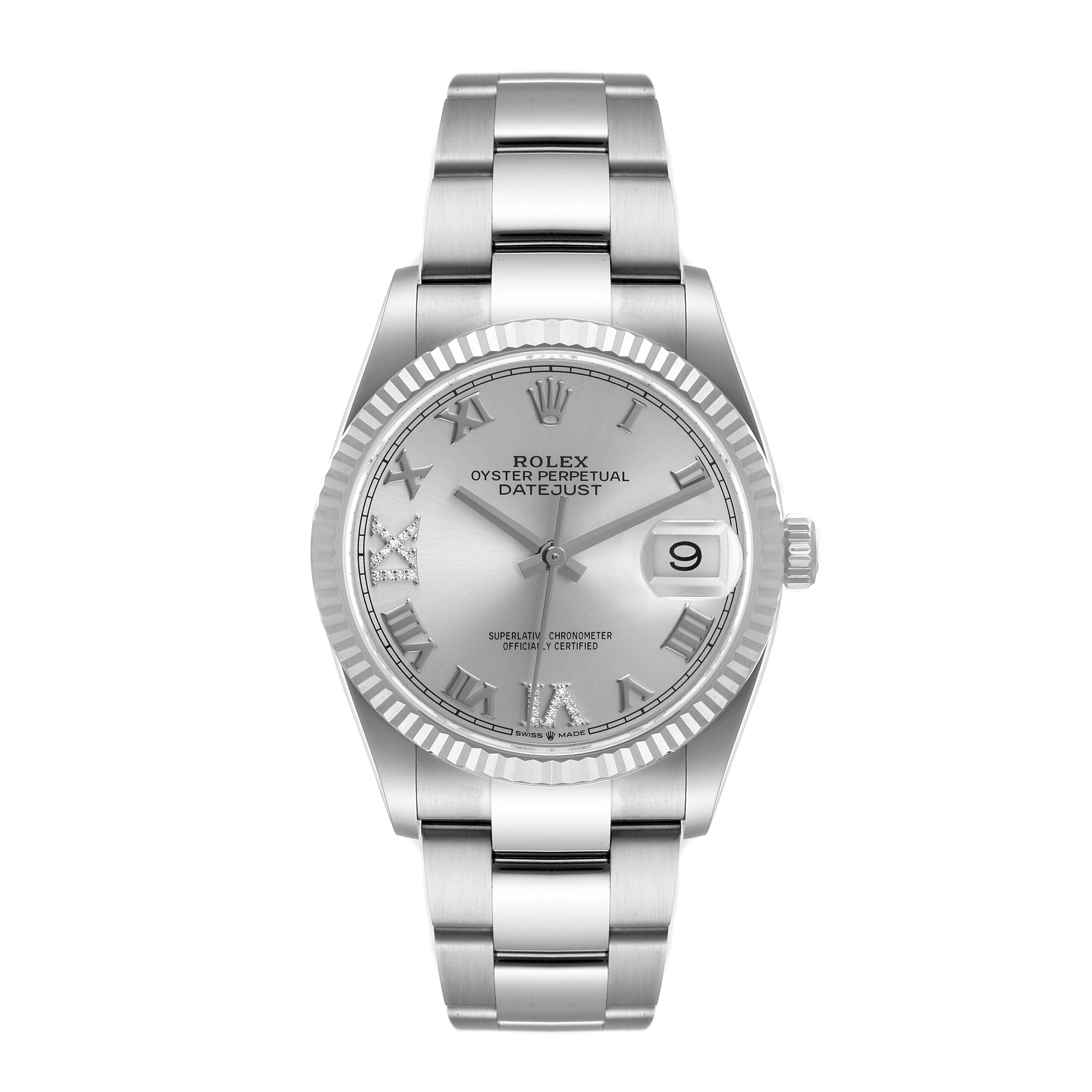 The image shows a front view of the Rolex Datejust 126234 Men's Stainless Steel Silver Dial 126234 Men's Stainless Steel Silver Dial watch, displaying the dial, bezel, bracelet, and date window.