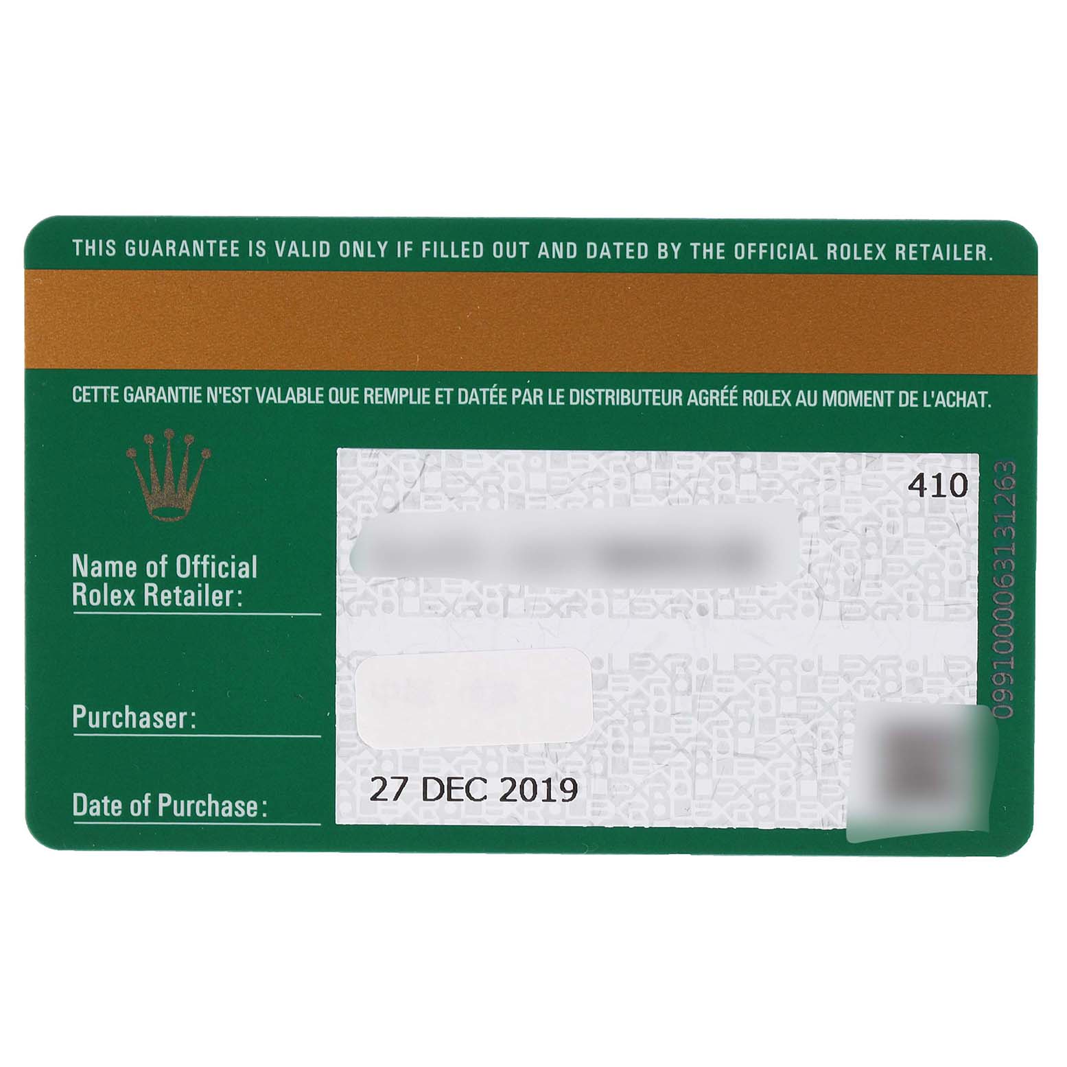 This image displays the guarantee card for a Rolex Datejust 126234 Men's Stainless Steel Silver Dial 126234 Men's Stainless Steel Silver Dial watch, including purchase details and authorized retailer information.