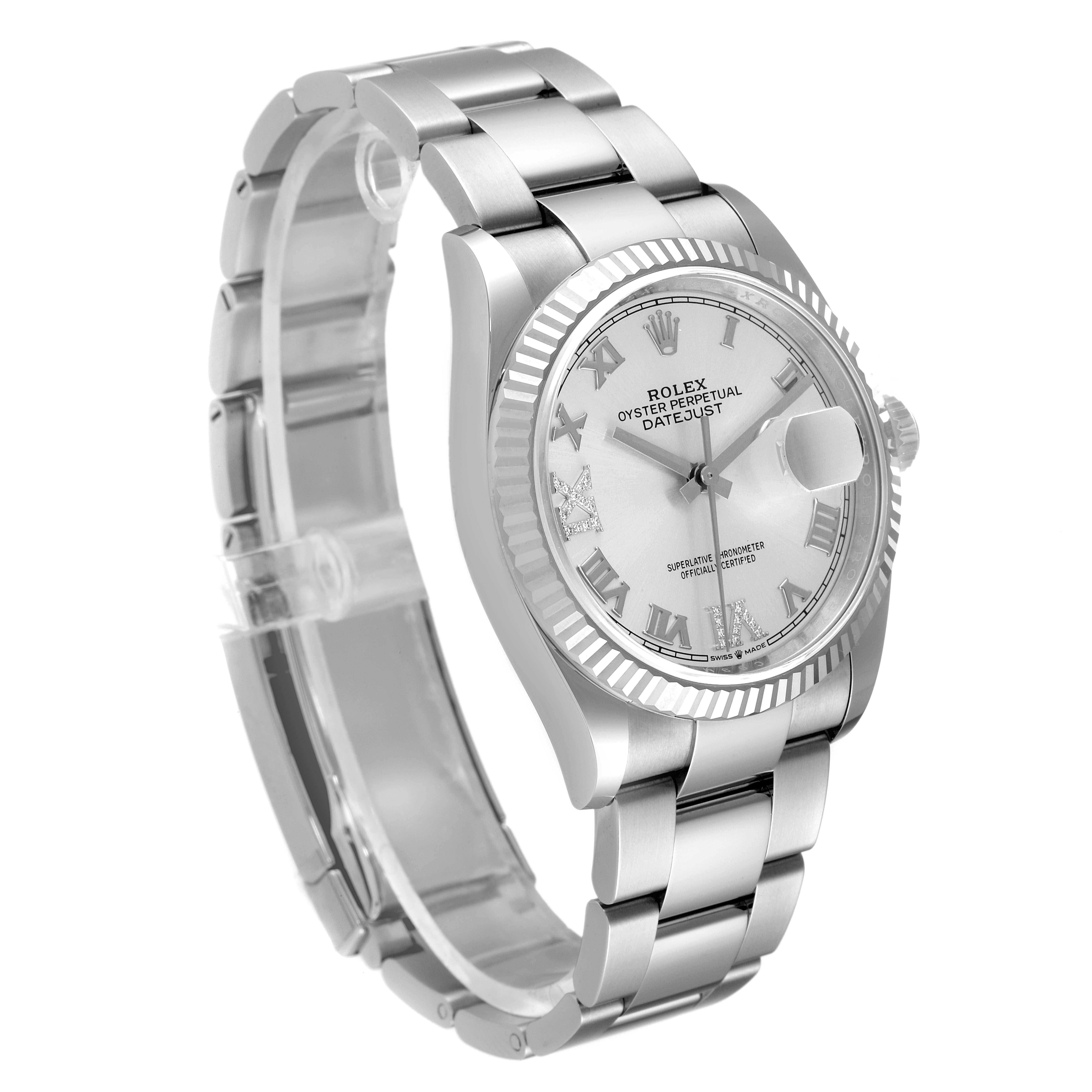 The image shows a Rolex Datejust 126234 Men's Stainless Steel Silver Dial 126234 Men's Stainless Steel Silver Dial watch from a three-quarter angle, highlighting the dial, bezel, and bracelet.