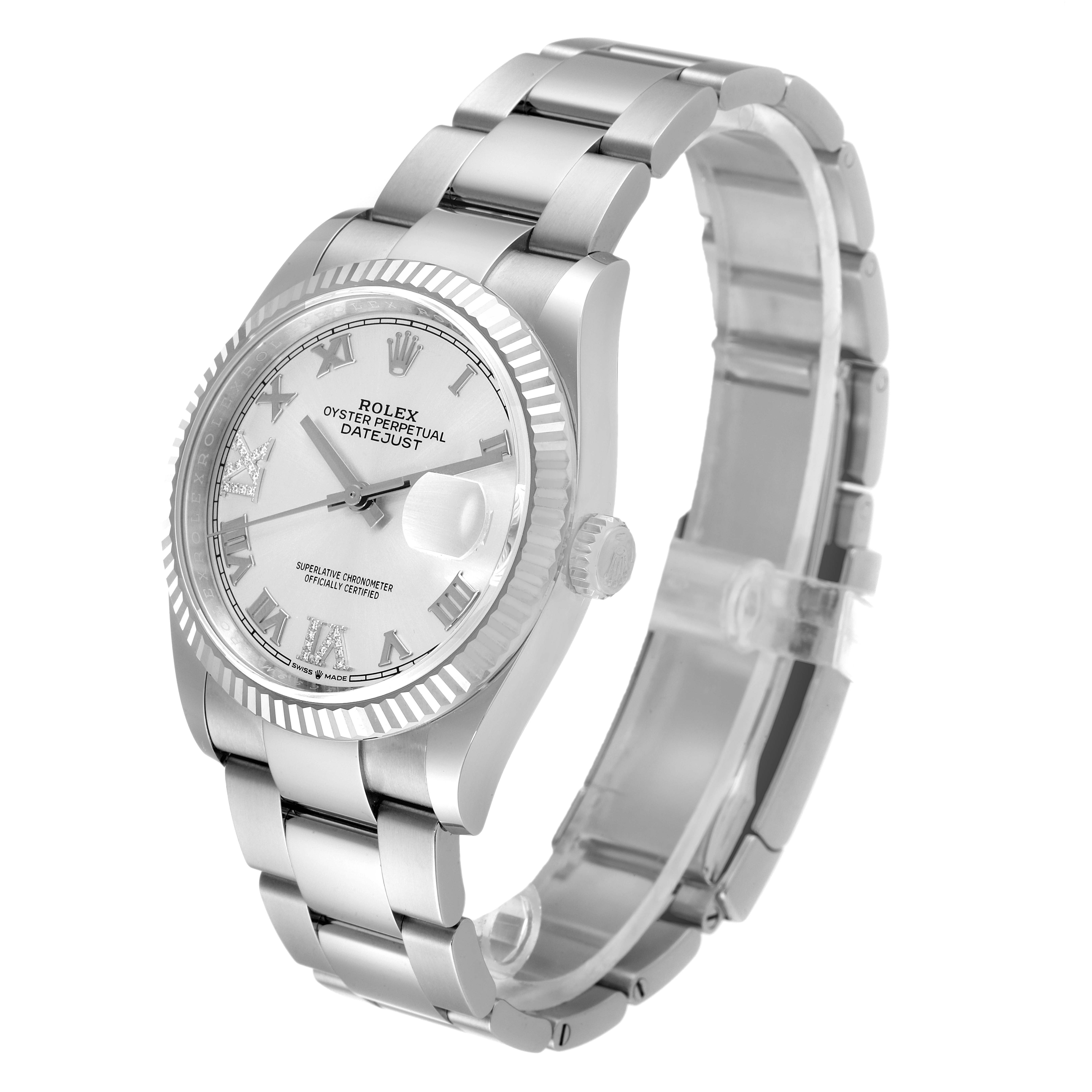 The image shows a Rolex Datejust 126234 Men's Stainless Steel Silver Dial 126234 Men's Stainless Steel Silver Dial watch at a three-quarter angle, highlighting the dial, bracelet, and fluted bezel.