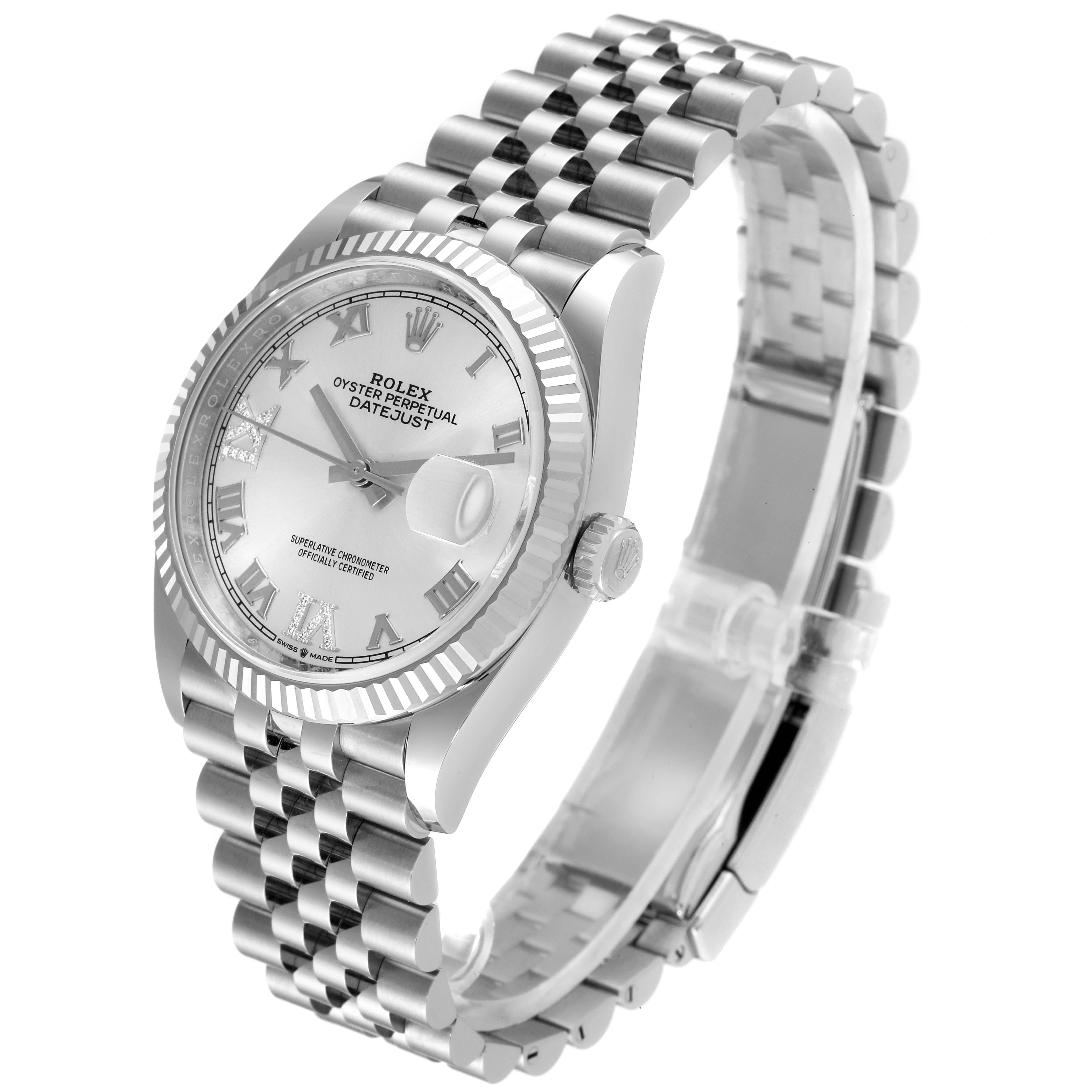 The image shows a side angle view of the Rolex Datejust 126234 Men's Stainless Steel Silver Dial 126234 Men's Stainless Steel Silver Dial watch, displaying its face, bezel, crown, and Jubilee bracelet.