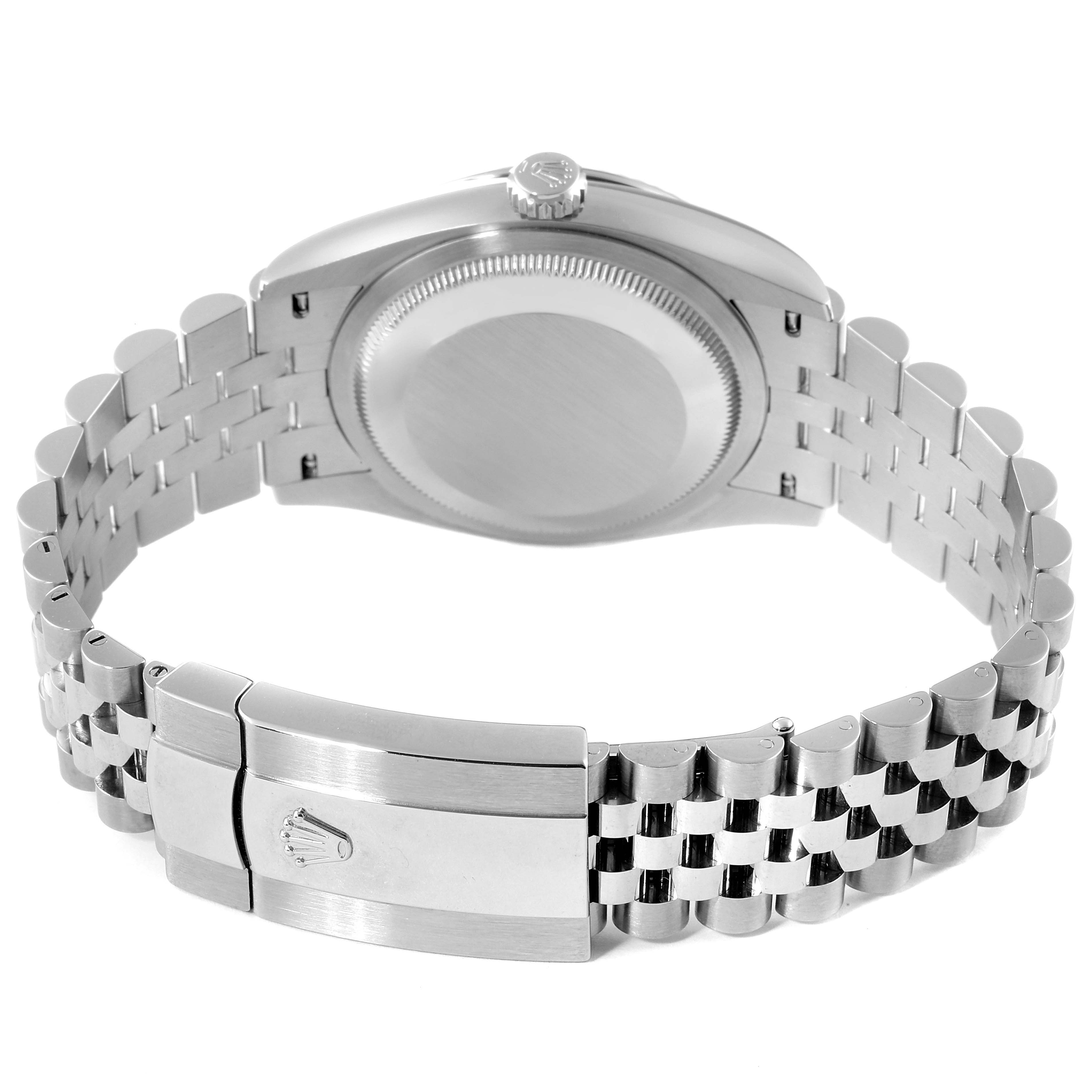 The image shows the back view of a Rolex Datejust 126234 Men's Stainless Steel Silver Dial 126234 Men's Stainless Steel Silver Dial watch, featuring its case back and Jubilee bracelet with clasp.