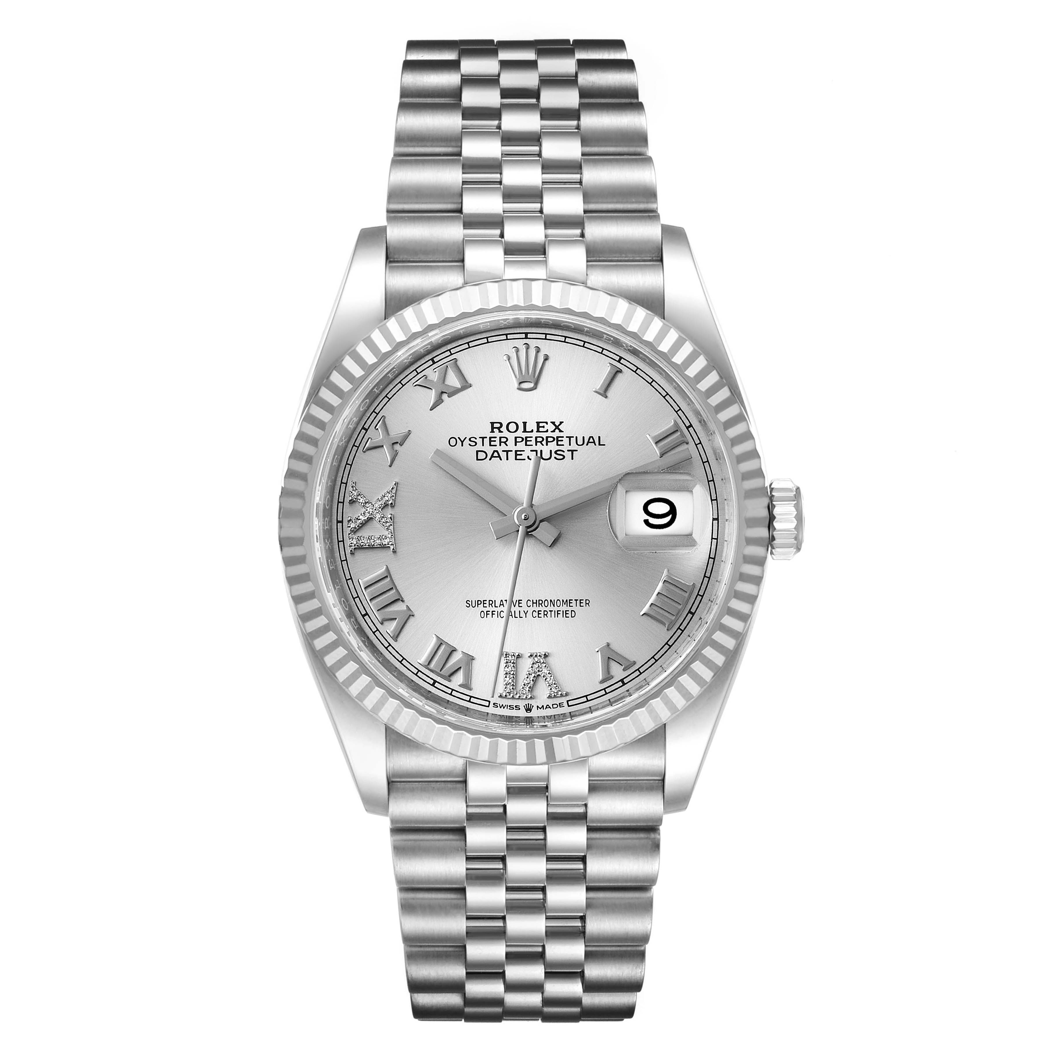 The Rolex Datejust 126234 Men's Stainless Steel Silver Dial 126234 Men's Stainless Steel Silver Dial watch is shown from a top-down angle, displaying its face, bezel, hands, and bracelet.