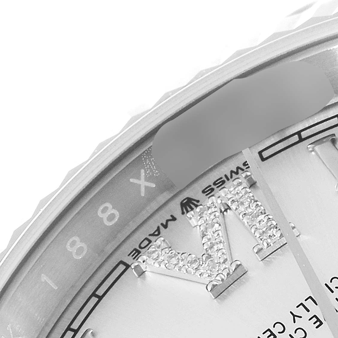 This close-up image shows the dial and part of the bezel of a Rolex Datejust 126234 Men's Stainless Steel Silver Dial 126234 Men's Stainless Steel Silver Dial watch.