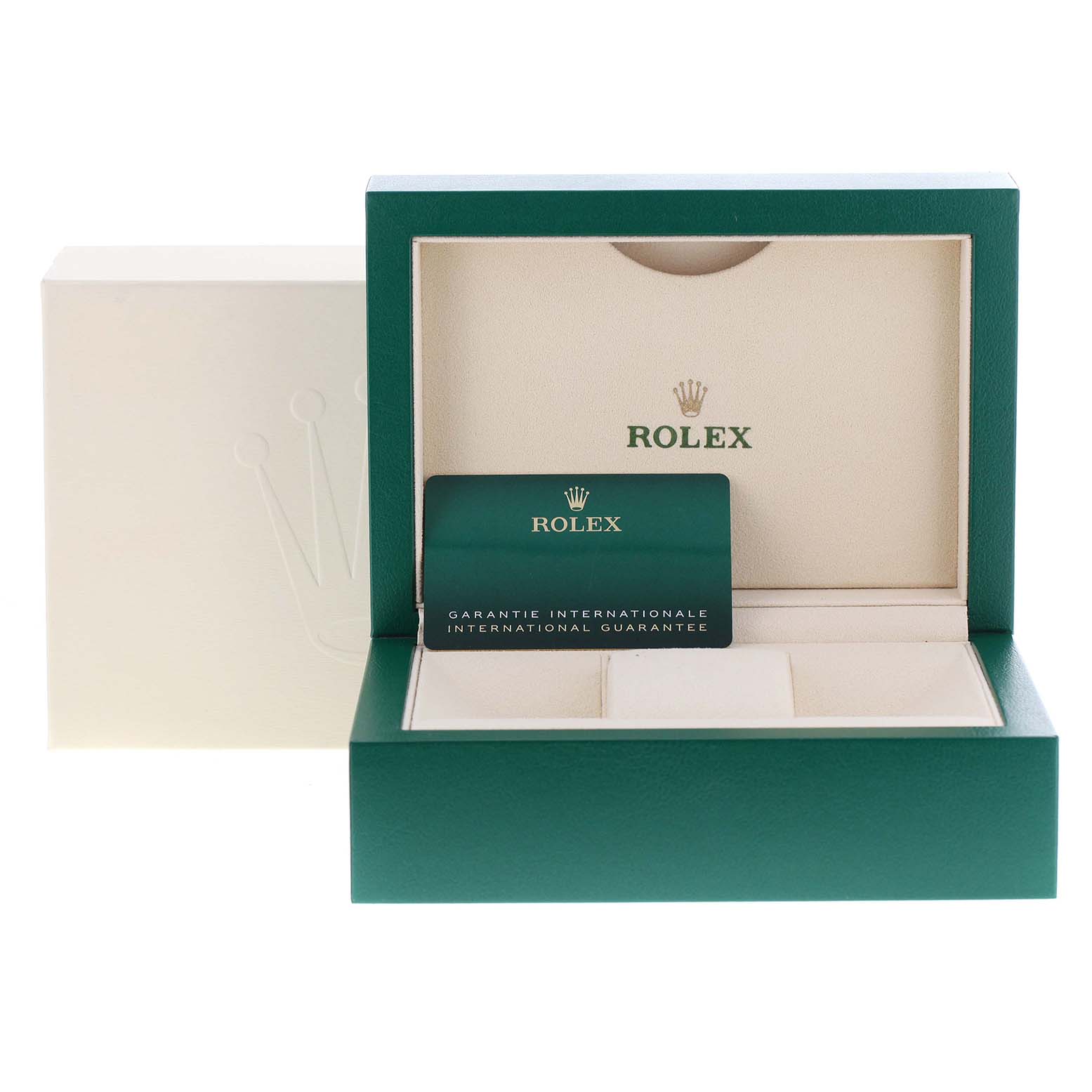 The image shows the open box of a Rolex Datejust 126234 Men's Stainless Steel Silver Dial 126234 Men's Stainless Steel Silver Dial watch, highlighting the guarantee card and the storage compartments.