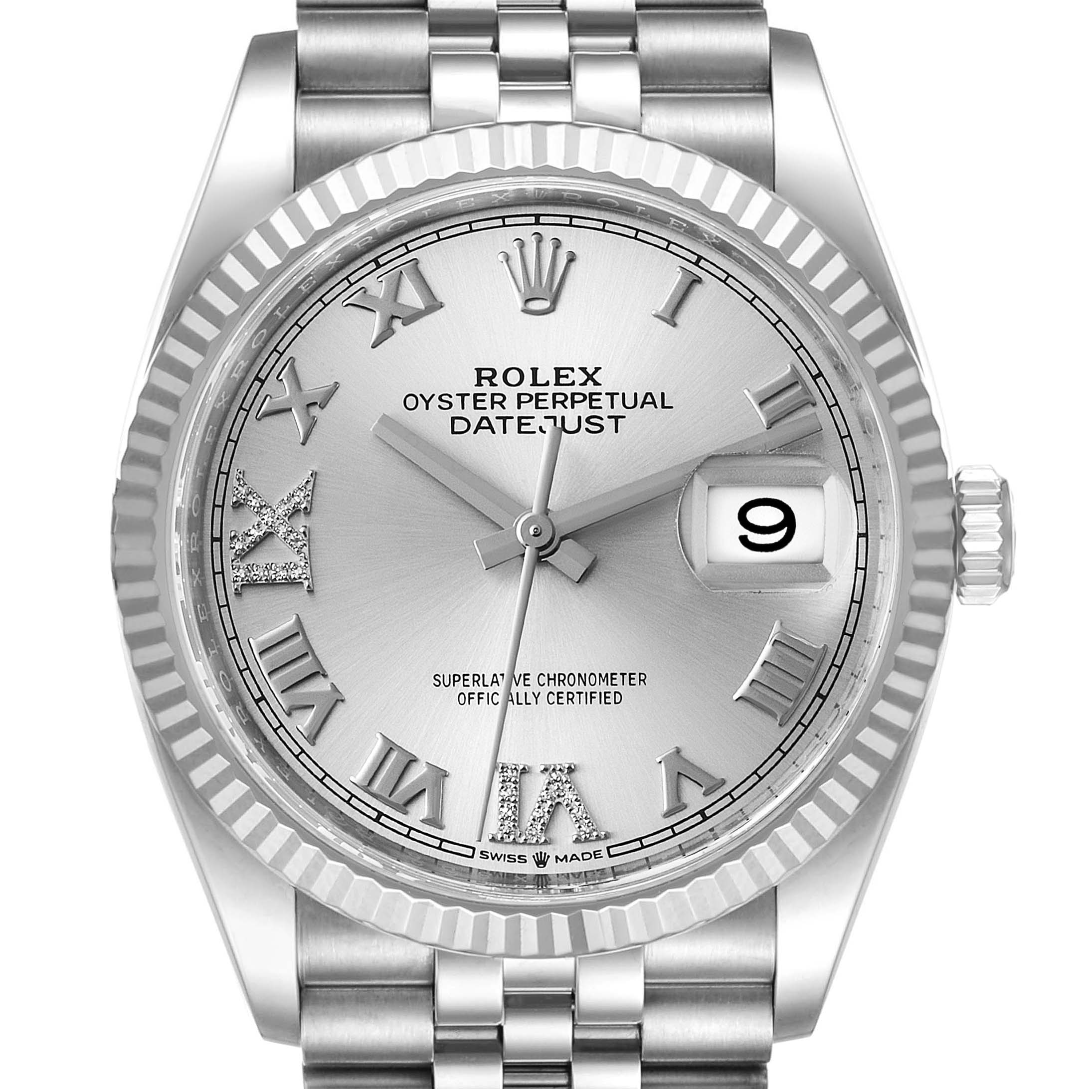 This image shows a front view of a Rolex Datejust 126234 Men's Stainless Steel Silver Dial 126234 Men's Stainless Steel Silver Dial watch, highlighting the face, bezel, crown, and part of the bracelet.