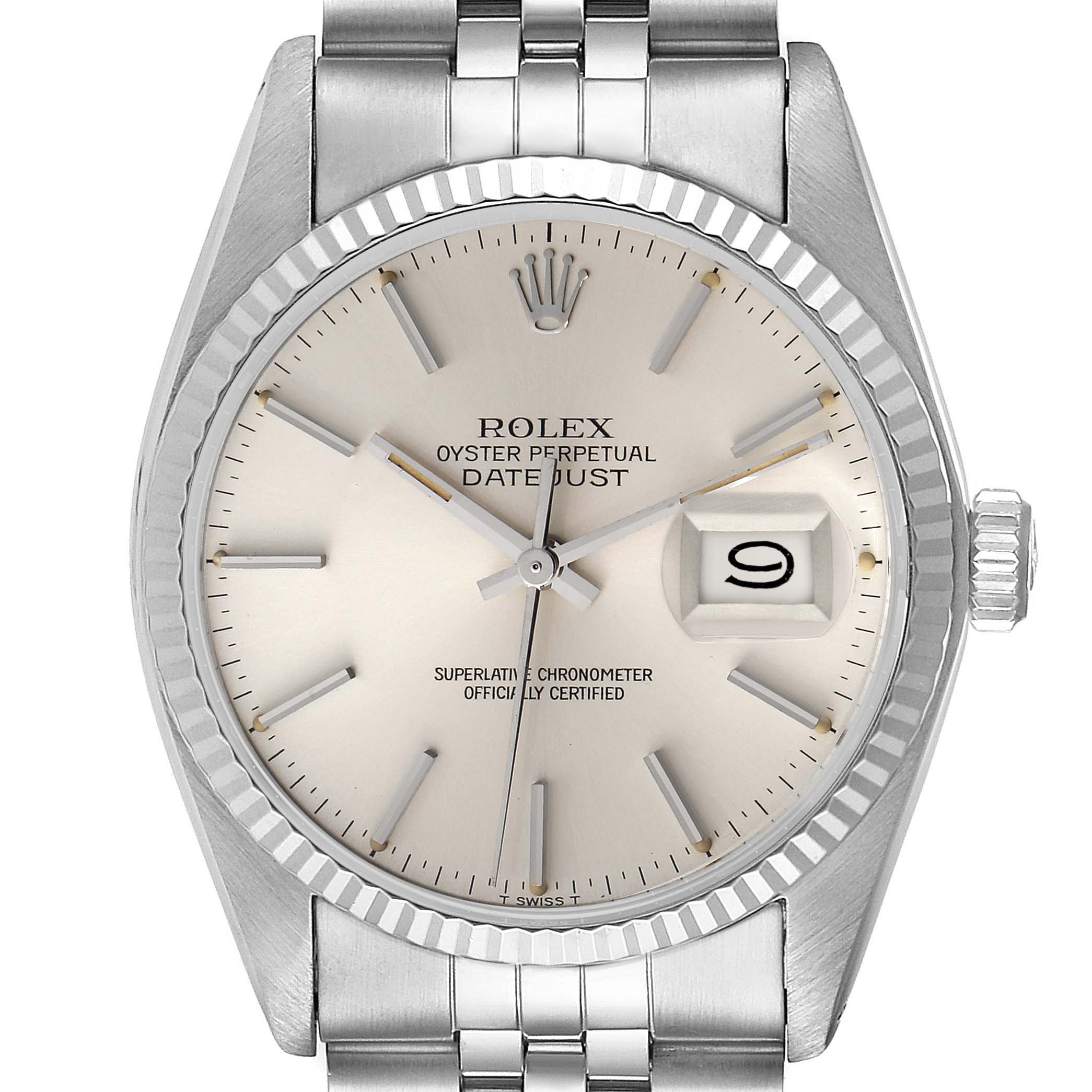 The Rolex Vintage Collection 16014 Men
s Stainless Steel Silver Dial 16014 Men
s Stainless Steel Silver Dial model is shown from a front angle, displaying the face, bezel, and part of the bracelet.