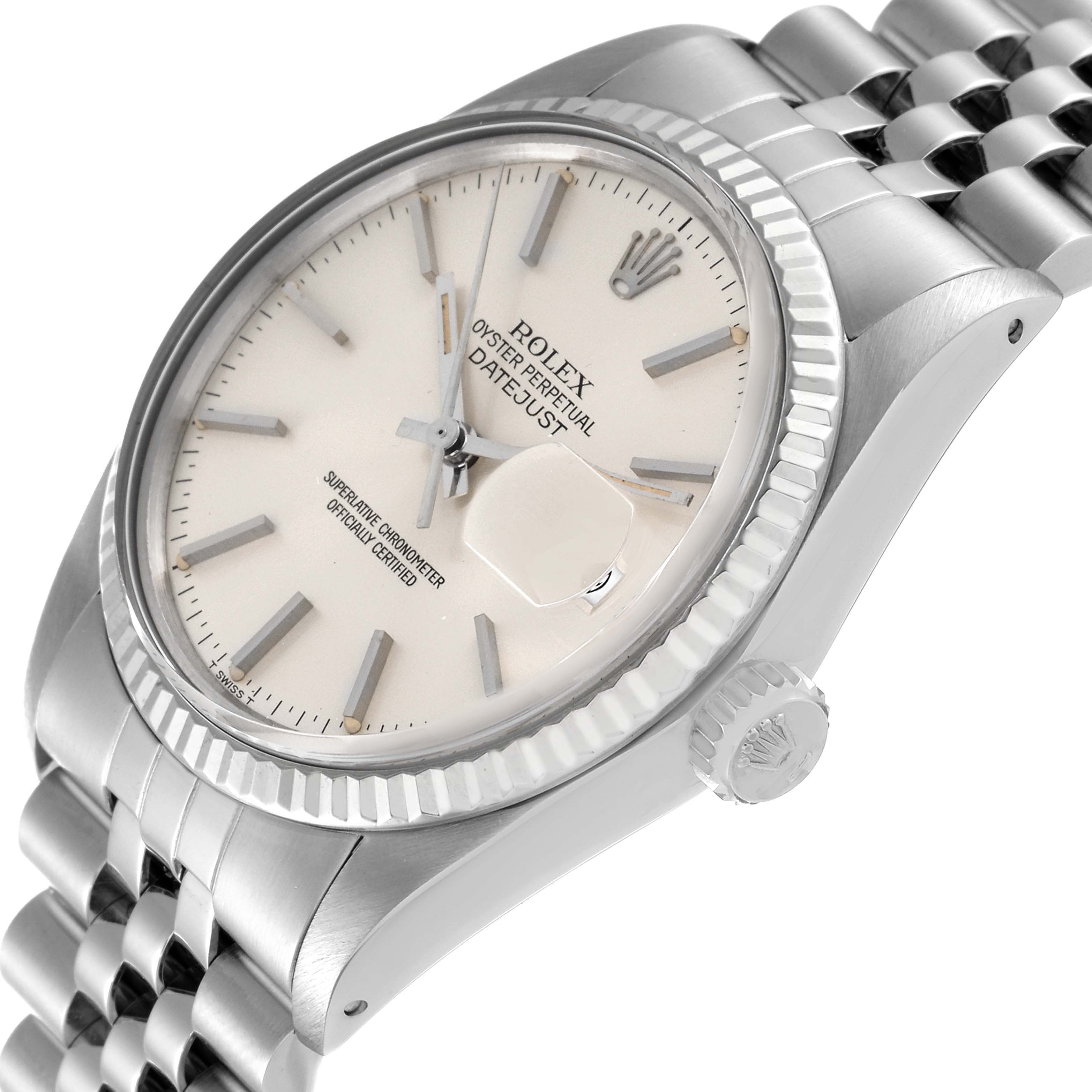 This image displays a Rolex Vintage Collection 16014 Men
s Stainless Steel Silver Dial 16014 Men
s Stainless Steel Silver Dial watch, angled to show its face, bezel, crown, and part of the bracelet.