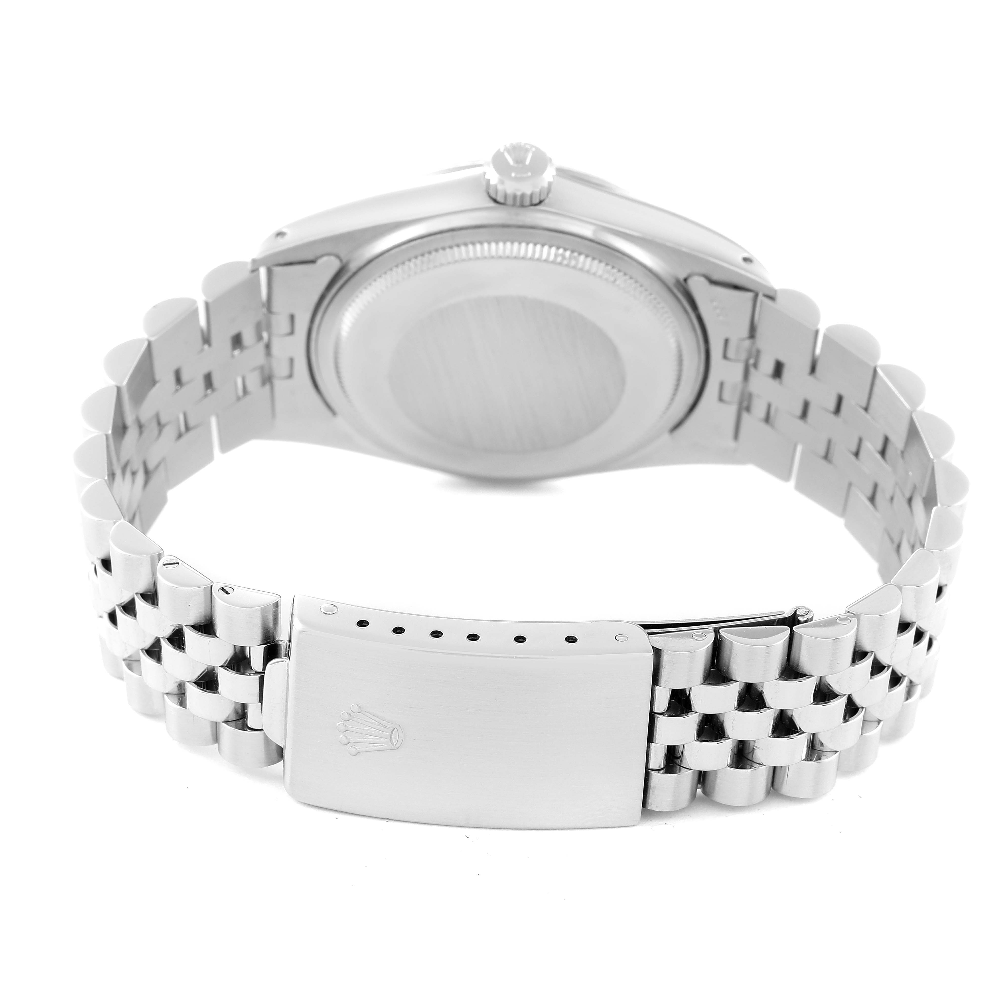 The image shows the back view of the Rolex Vintage Collection 16014 Men
s Stainless Steel Silver Dial 16014 Men
s Stainless Steel Silver Dial watch, highlighting the clasp, bracelet, and case back.