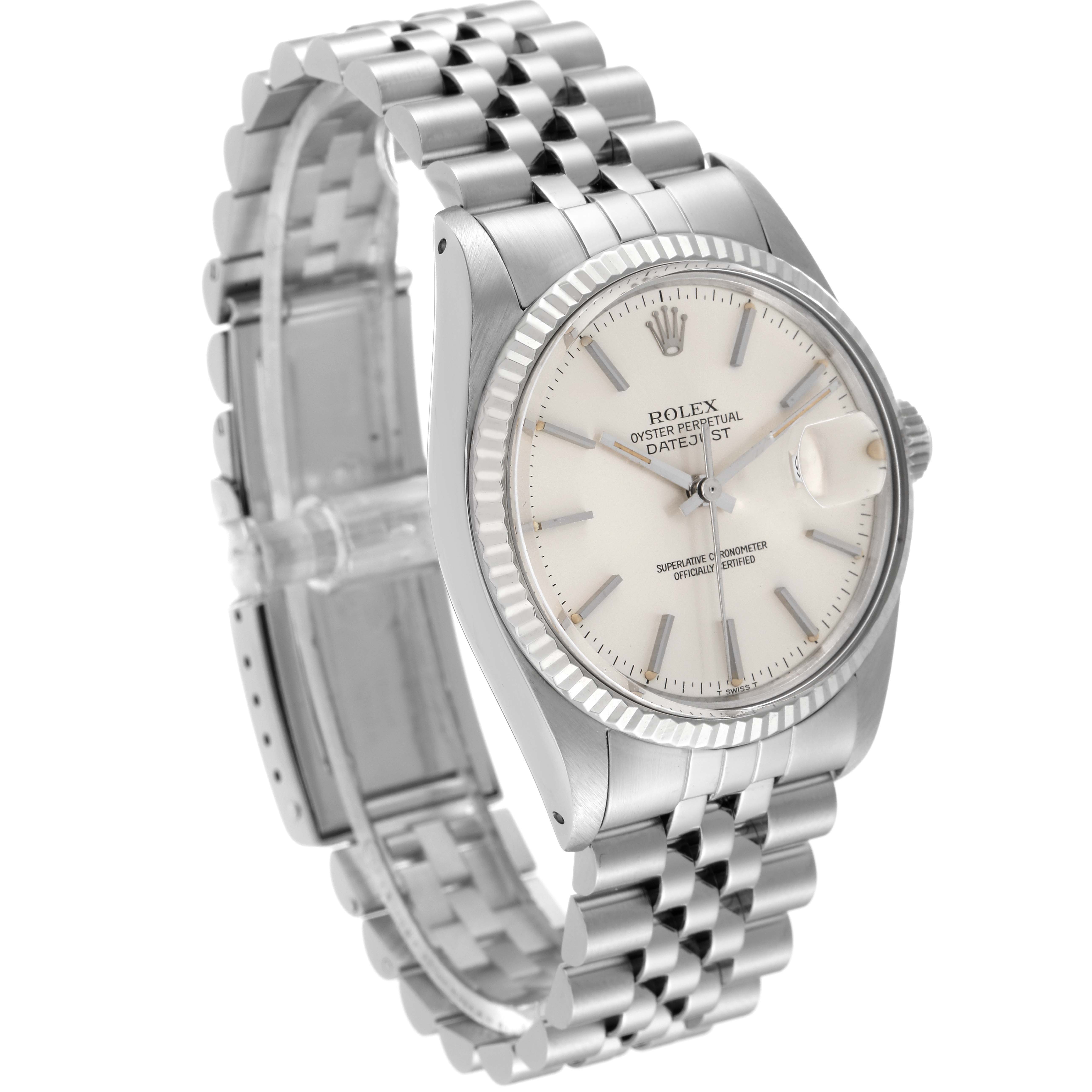 This image shows a Rolex Vintage Collection 16014 Men
s Stainless Steel Silver Dial 16014 Men
s Stainless Steel Silver Dial Datejust model at a slight angle, highlighting its silver dial, fluted bezel, and Jubilee bracelet.