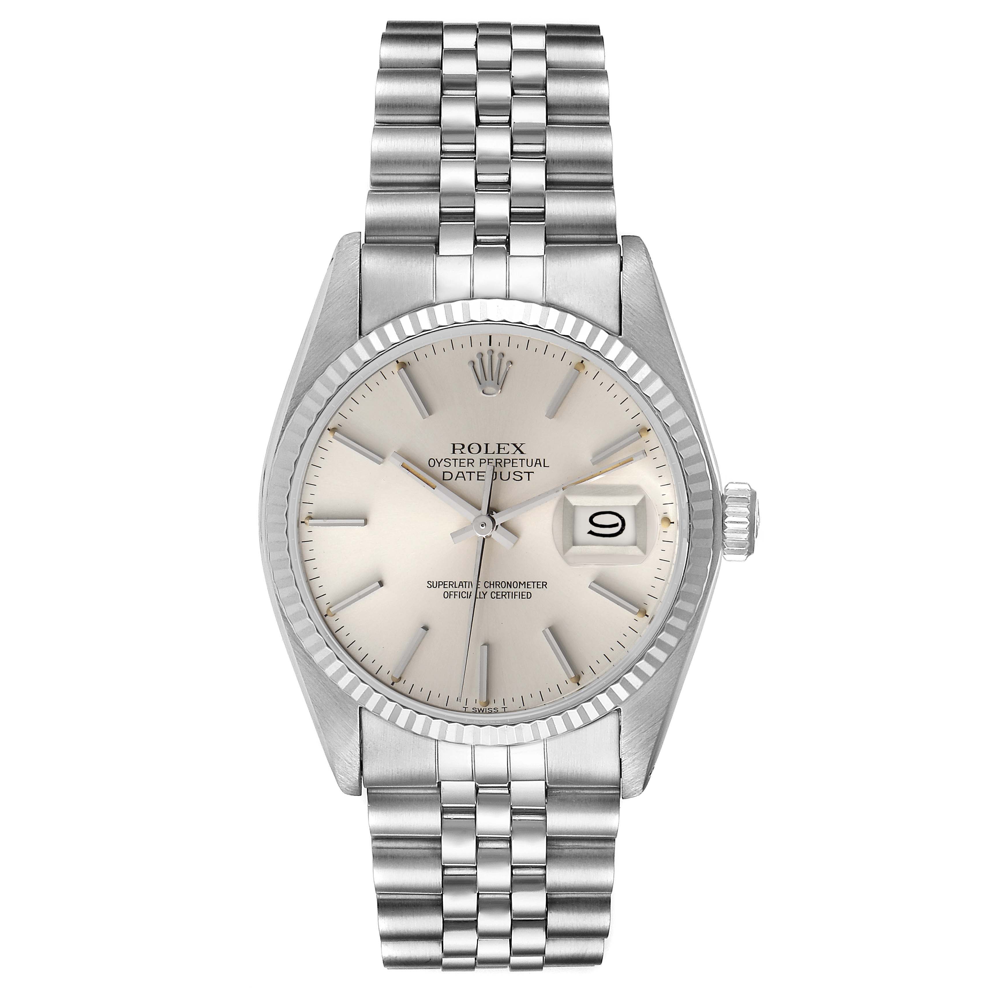 The image shows a front-facing view of a Rolex Vintage Collection 16014 Men
s Stainless Steel Silver Dial 16014 Men
s Stainless Steel Silver Dial Oyster Perpetual Datejust, highlighting the dial, bezel, and bracelet.