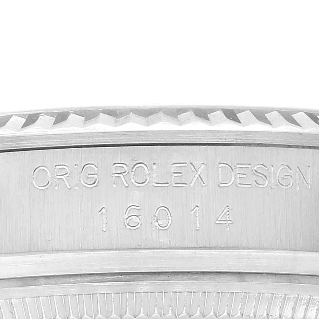 This image shows an engraved side view of the bezel and case of a Rolex Vintage Collection 16014 Men
s Stainless Steel Silver Dial 16014 Men
s Stainless Steel Silver Dial model 16014 watch.