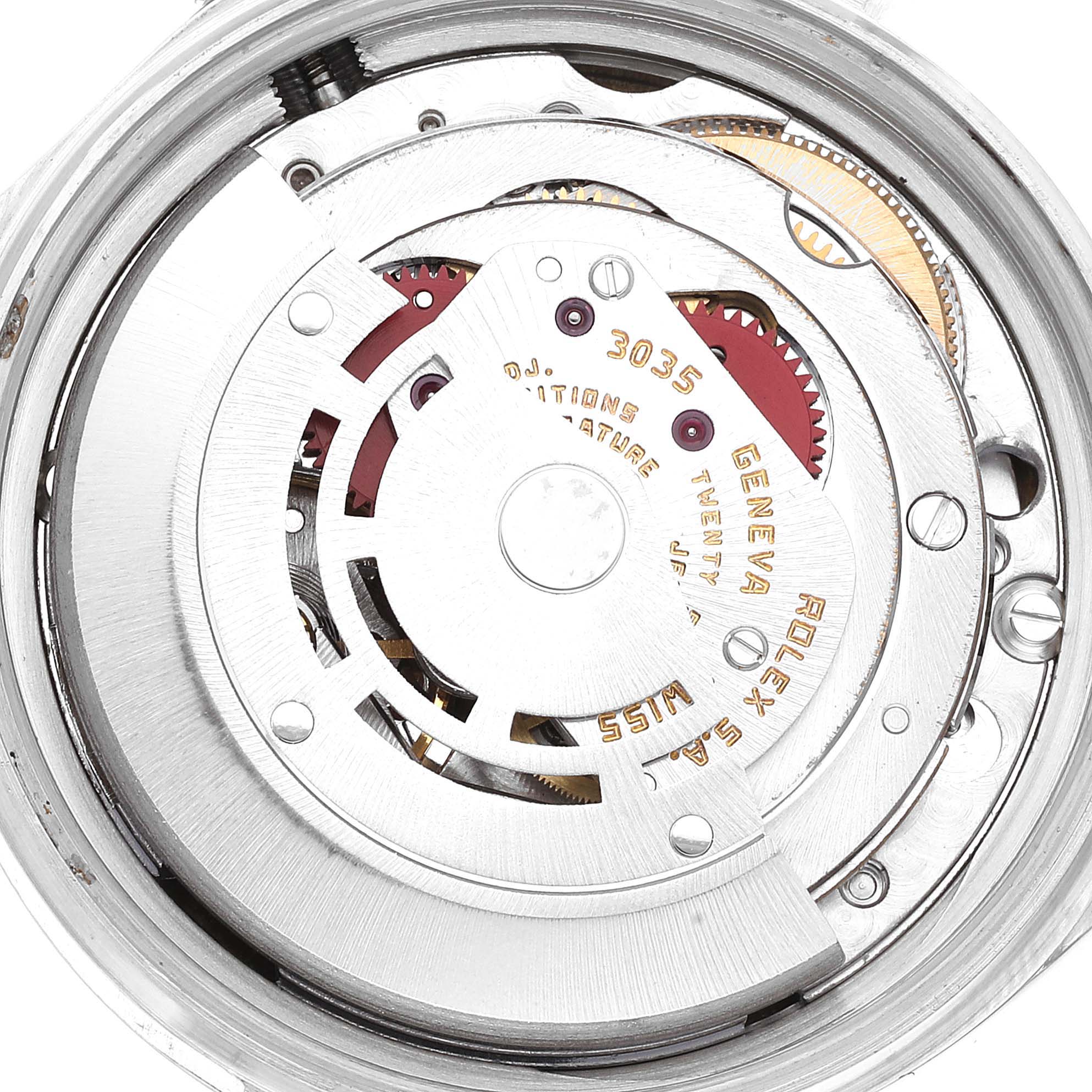 This image shows the internal mechanical movement of a Rolex Vintage Collection 16014 Men
s Stainless Steel Silver Dial 16014 Men
s Stainless Steel Silver Dial watch from a top-down angle.