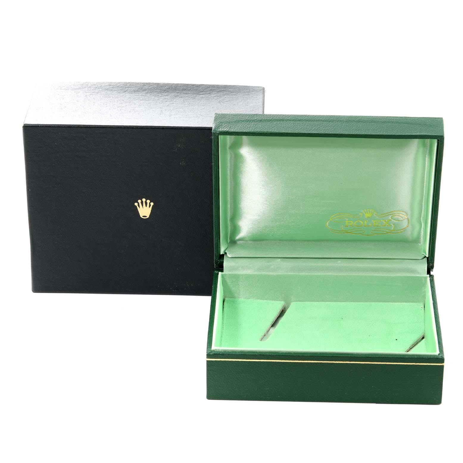 The image shows an empty Rolex Vintage Collection 16014 Men
s Stainless Steel Silver Dial 16014 Men
s Stainless Steel Silver Dial watch box and its outer packaging from a front angle.