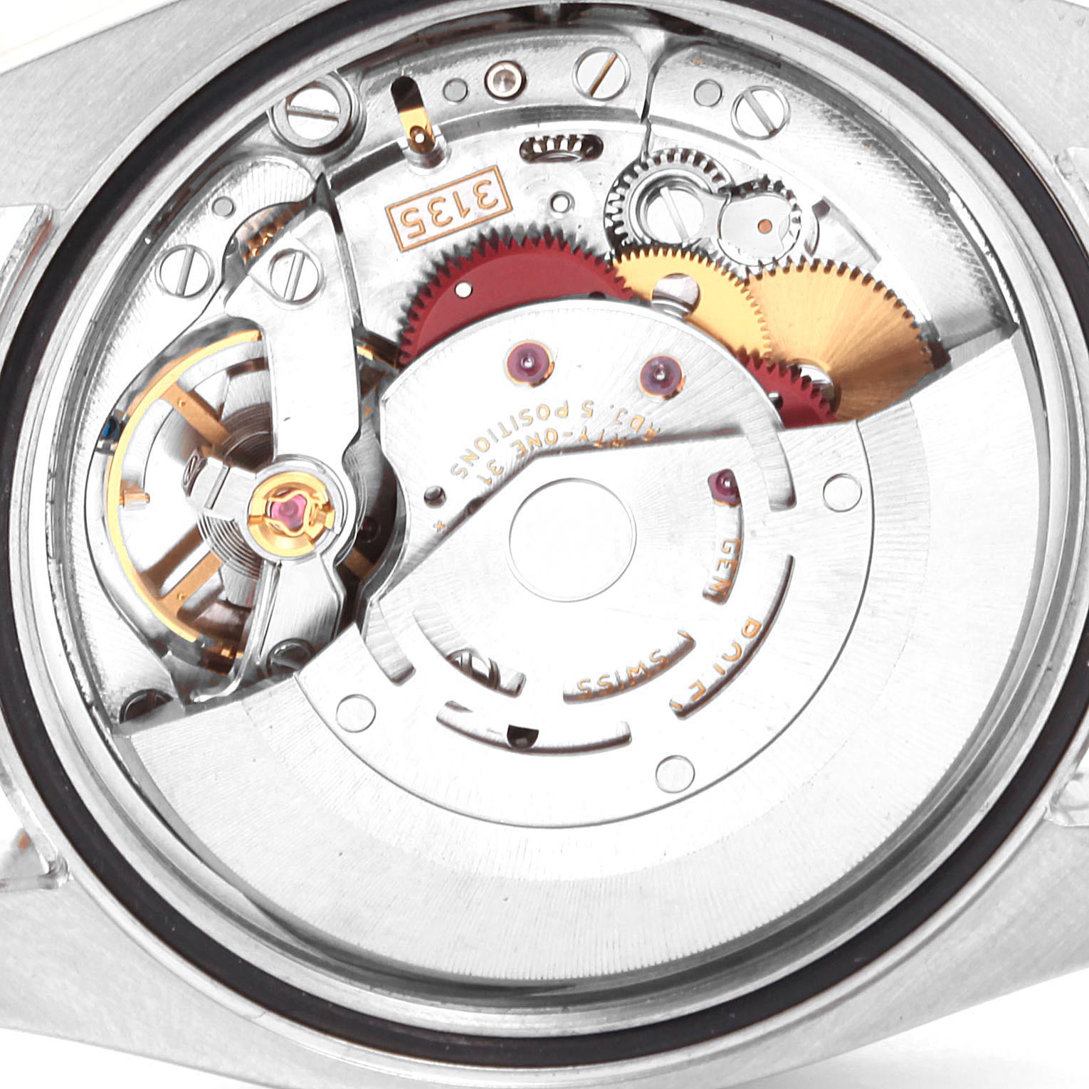 This image shows the inner mechanical movement of the Rolex Datejust 116233 Men's Steel and Gold (two tone) Black Dial 116233 Men's Steel and Gold (two tone) Black Dial watch, viewed from the back.