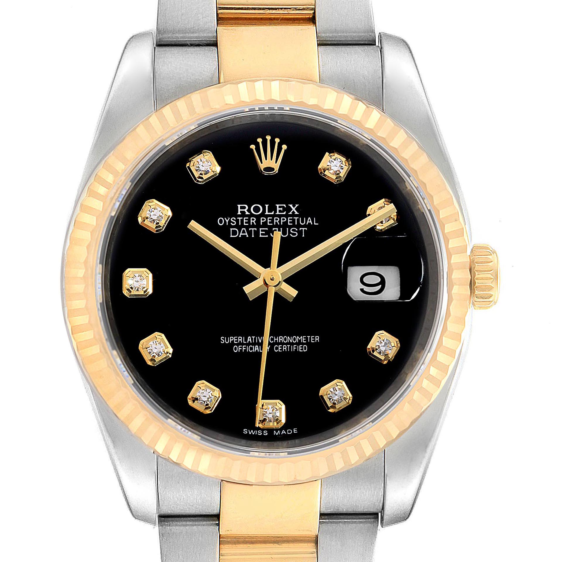 The image shows a front view of the Rolex Datejust 116233 Men's Steel and Gold (two tone) Black Dial 116233 Men's Steel and Gold (two tone) Black Dial watch, highlighting its black dial, date display, and two-tone bracelet.