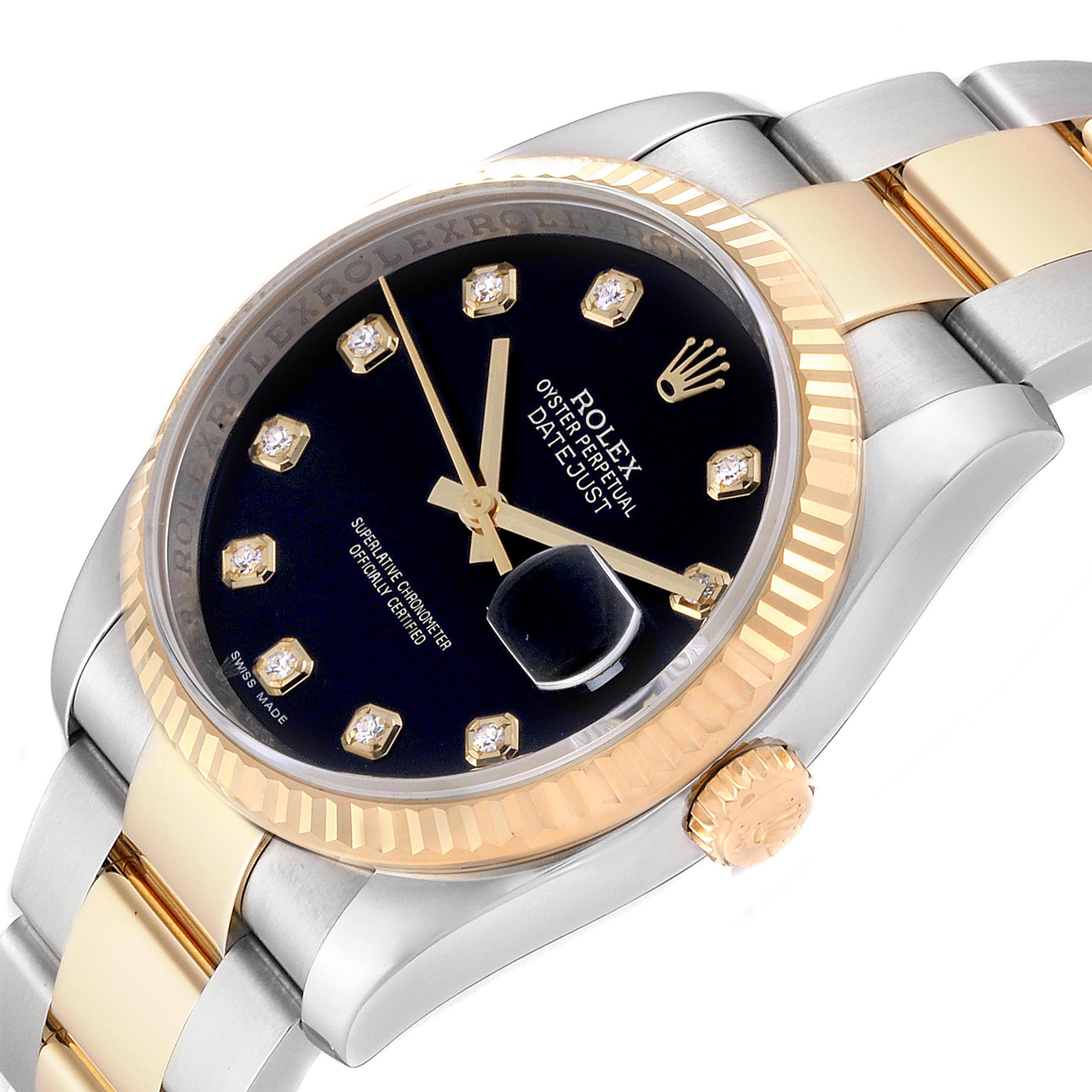 This image shows a side angle of the Rolex Datejust 116233 Men's Steel and Gold (two tone) Black Dial 116233 Men's Steel and Gold (two tone) Black Dial watch, highlighting the dial, bezel, and bracelet.