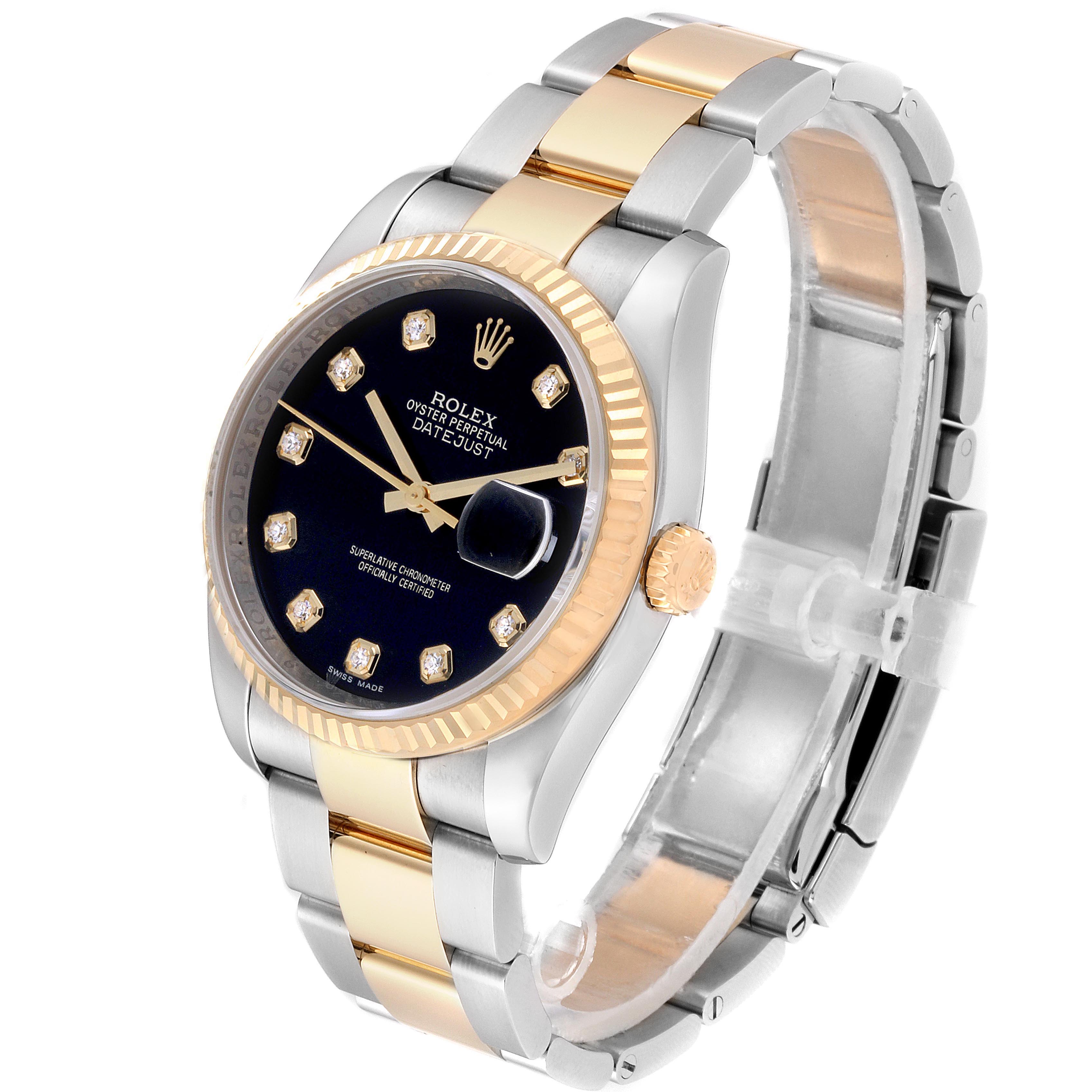 This image shows a Rolex Datejust 116233 Men's Steel and Gold (two tone) Black Dial 116233 Men's Steel and Gold (two tone) Black Dial watch at a three-quarter angle, highlighting its face, bezel, crown, and two-tone bracelet.