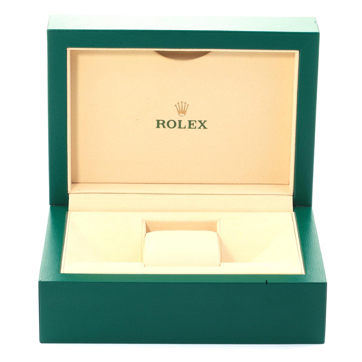 This is an empty green and beige display box for a Rolex Datejust 116233 Men's Steel and Gold (two tone) Black Dial 116233 Men's Steel and Gold (two tone) Black Dial watch.