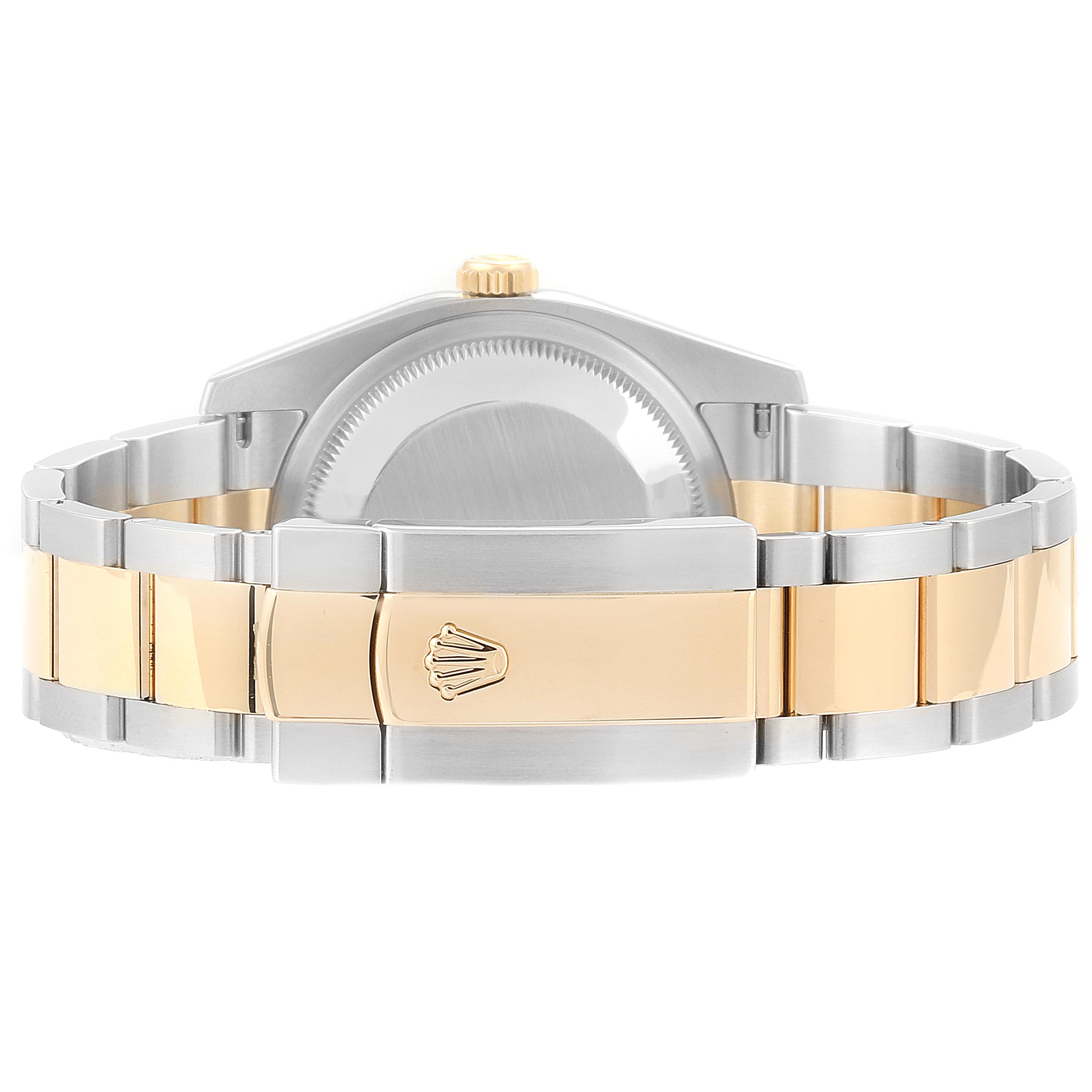 The image shows the case back and bracelet clasp of a Rolex Datejust 116233 Men's Steel and Gold (two tone) Black Dial 116233 Men's Steel and Gold (two tone) Black Dial watch, with a two-tone design and the Rolex logo.