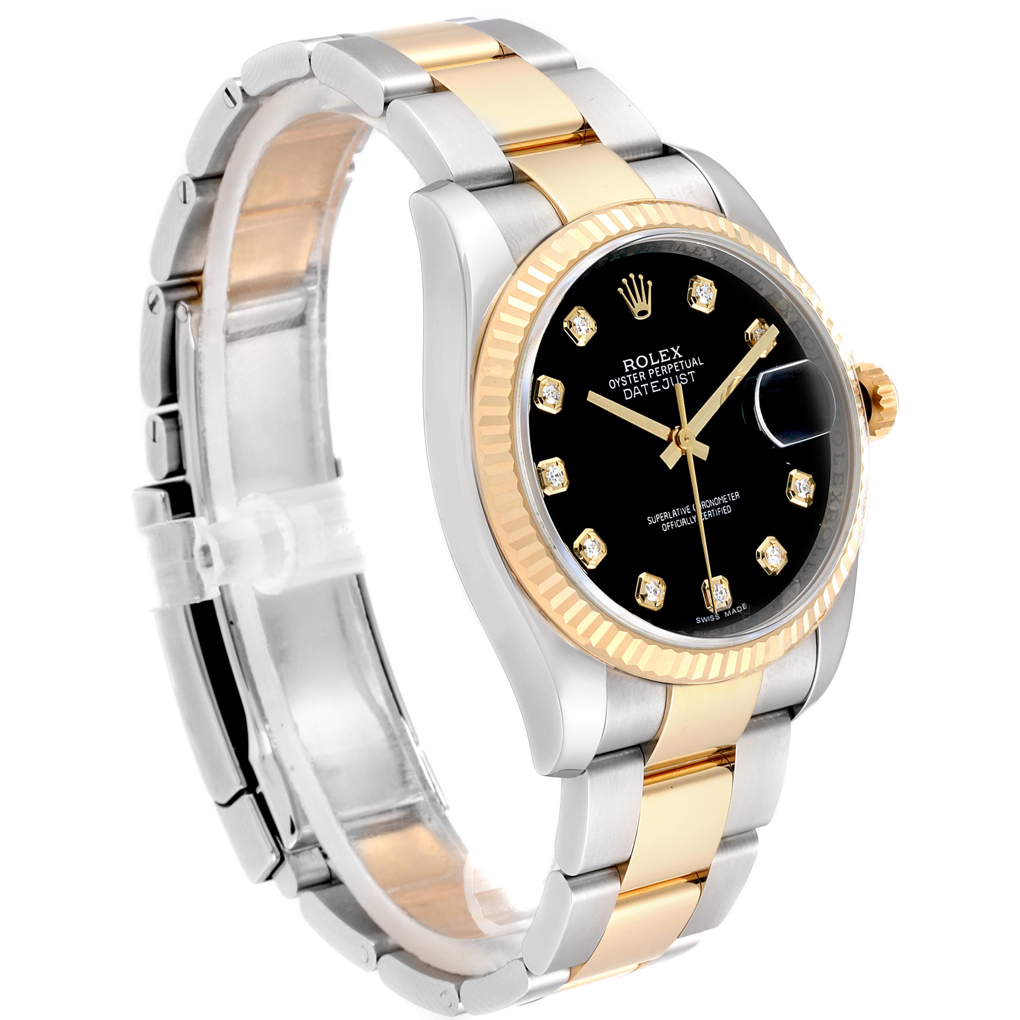 The image shows a side angle of a Rolex Datejust 116233 Men's Steel and Gold (two tone) Black Dial 116233 Men's Steel and Gold (two tone) Black Dial watch, highlighting its two-tone bracelet, fluted bezel, and black diamond dial.