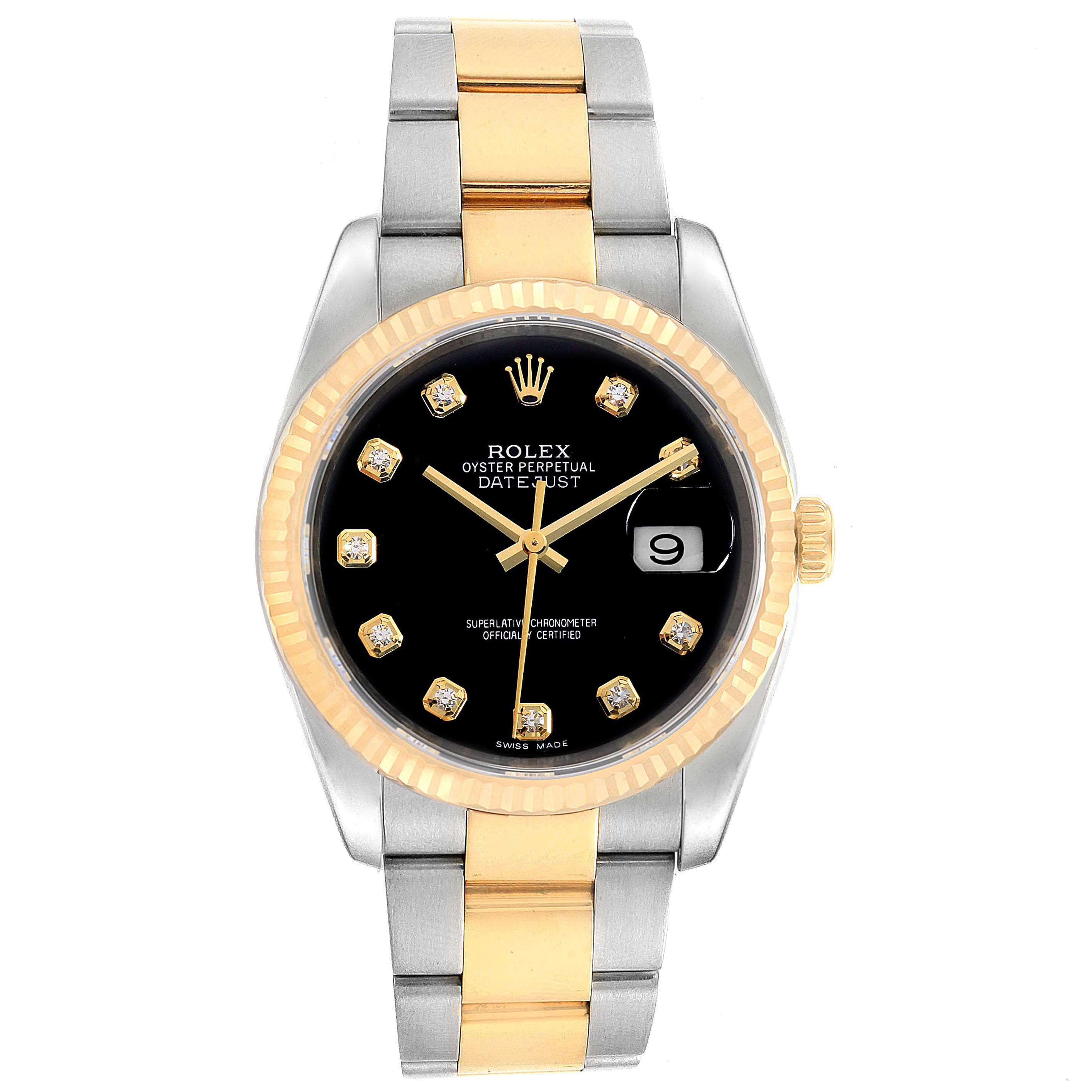 The image shows a front view of a Rolex Datejust 116233 Men's Steel and Gold (two tone) Black Dial 116233 Men's Steel and Gold (two tone) Black Dial watch, highlighting its black dial, diamond hour markers, and two-tone bracelet.