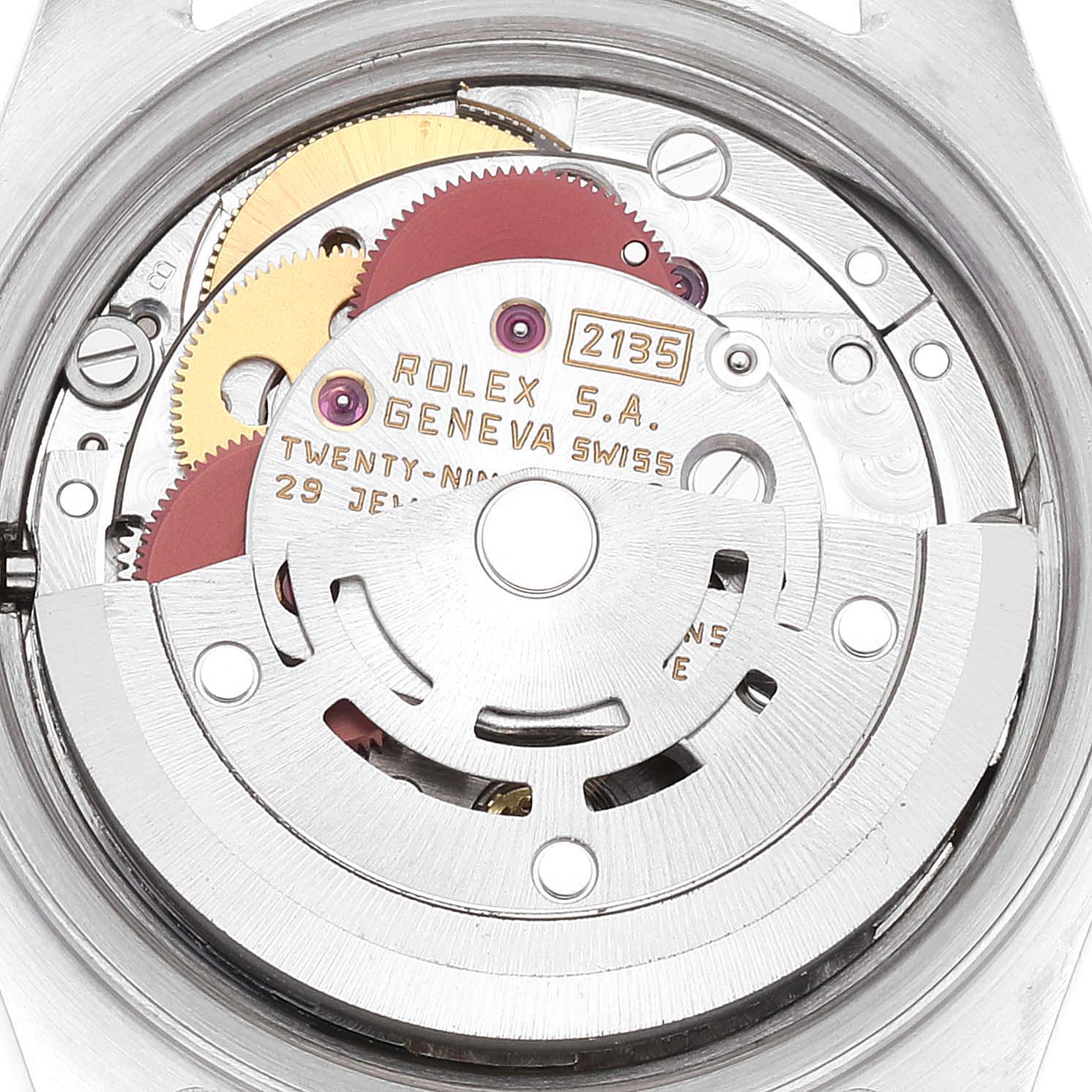 The image shows a close-up view of the movement inside a Rolex Datejust 69173 Women's Steel and Gold (two tone) Champagne Dial 69173 Women's Steel and Gold (two tone) Champagne Dial watch, capturing the intricate gears and marking details.