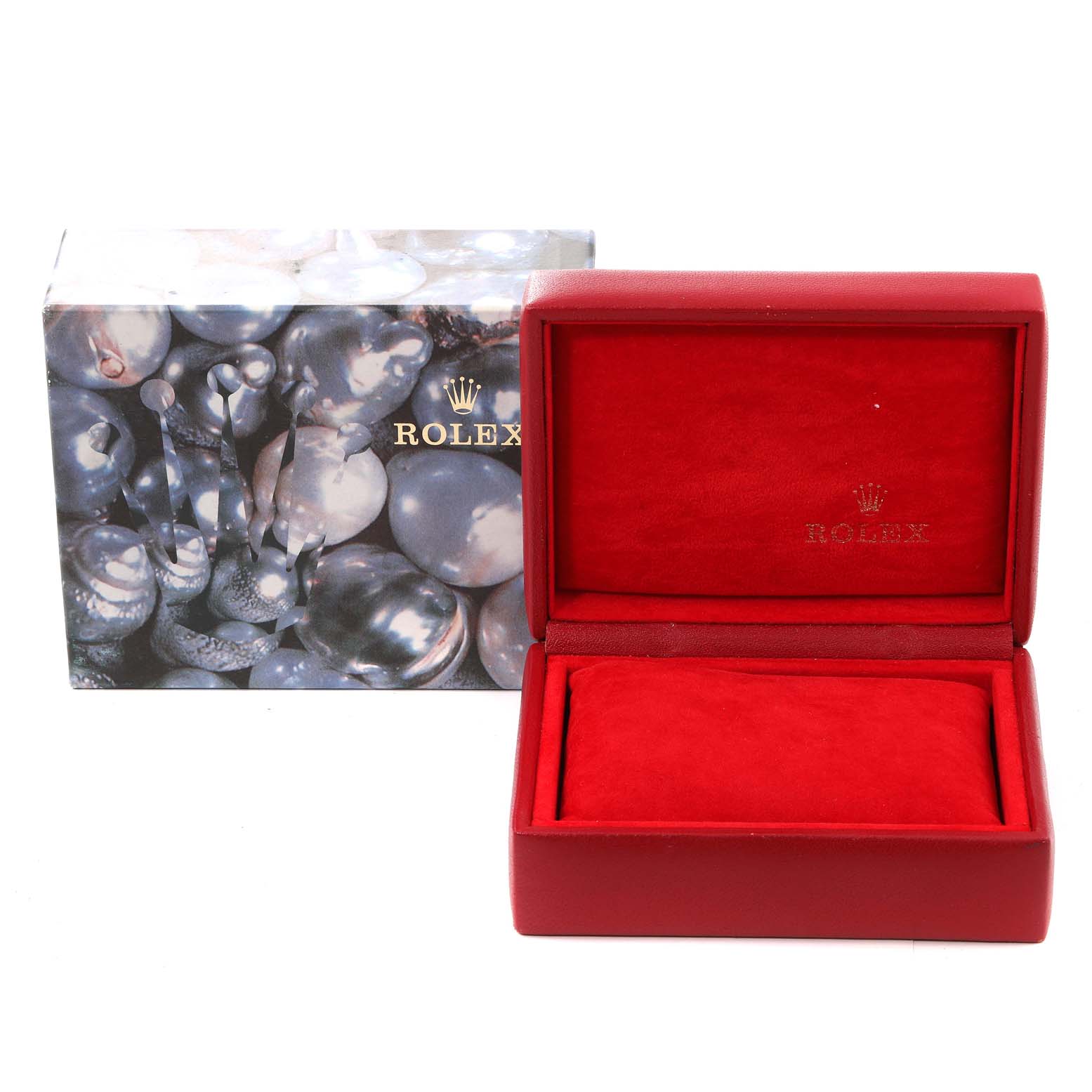 The image shows a plush red Rolex Datejust 69173 Women's Steel and Gold (two tone) Champagne Dial 69173 Women's Steel and Gold (two tone) Champagne Dial watch box and a decorative outer box with the Rolex logo.