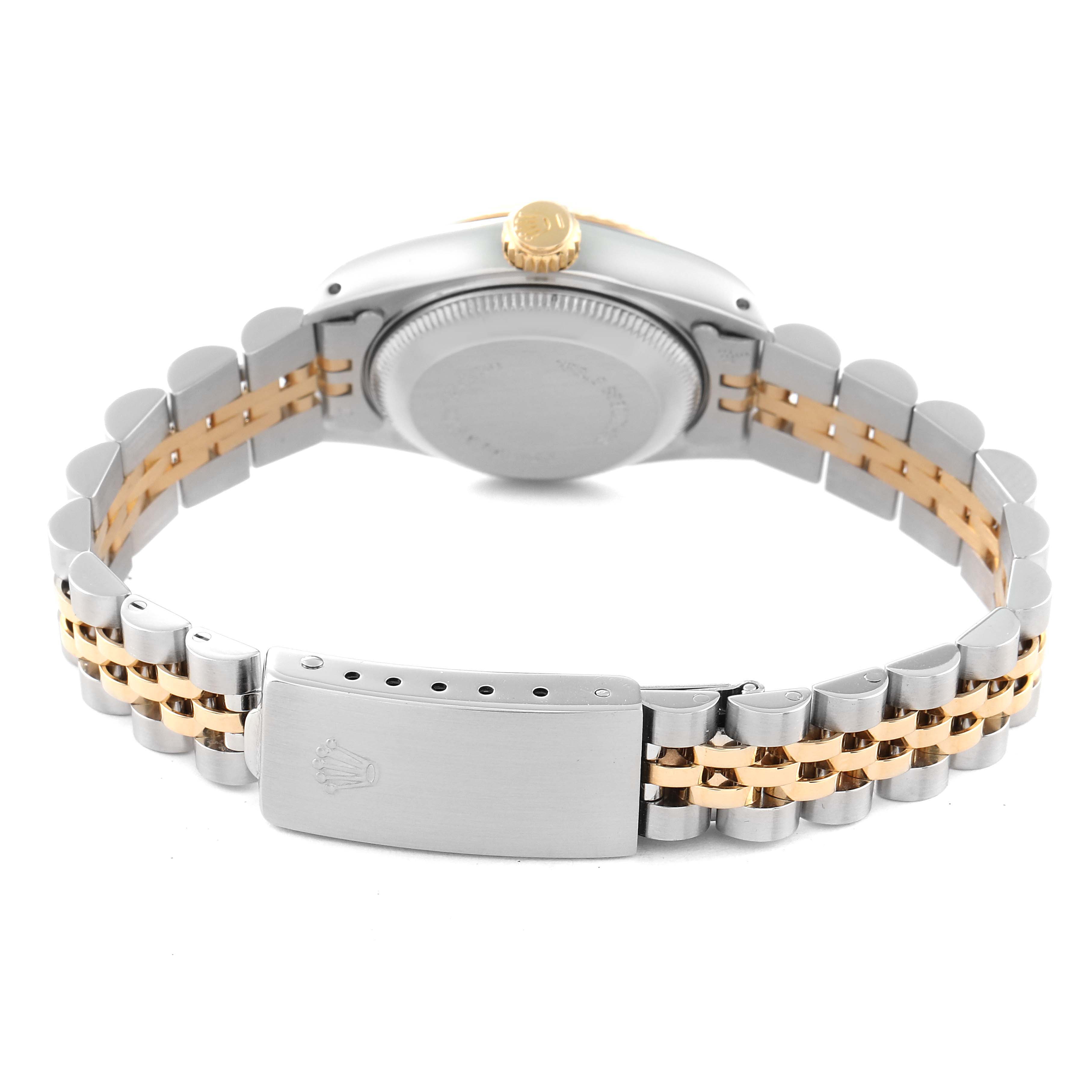 The image shows the back and bracelet of a Rolex Datejust 69173 Women's Steel and Gold (two tone) Champagne Dial 69173 Women's Steel and Gold (two tone) Champagne Dial watch, featuring a metal and gold link design.