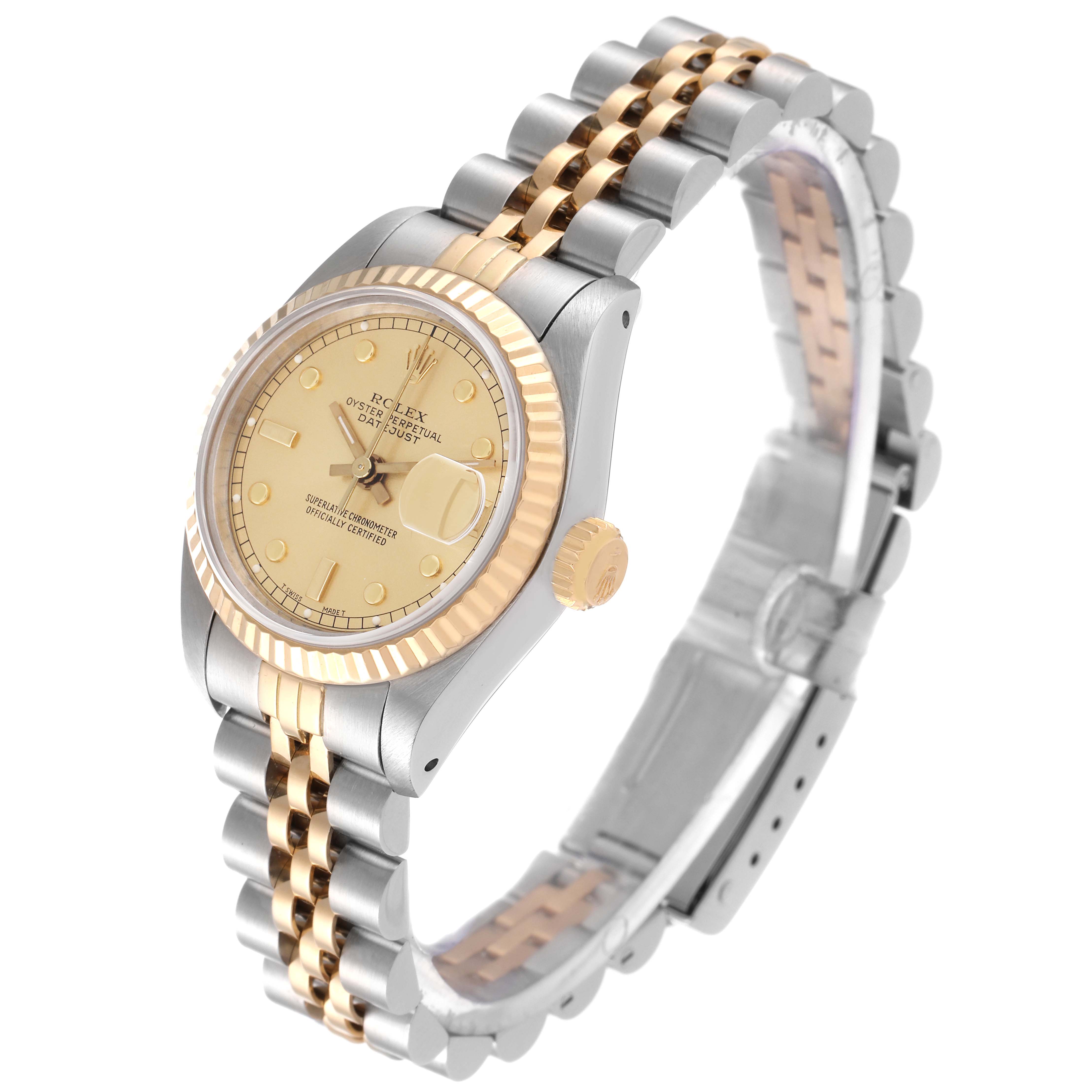 The image shows a Rolex Datejust 69173 Women's Steel and Gold (two tone) Champagne Dial 69173 Women's Steel and Gold (two tone) Champagne Dial watch at a three-quarter angle, highlighting its dial, crown, and two-tone bracelet.