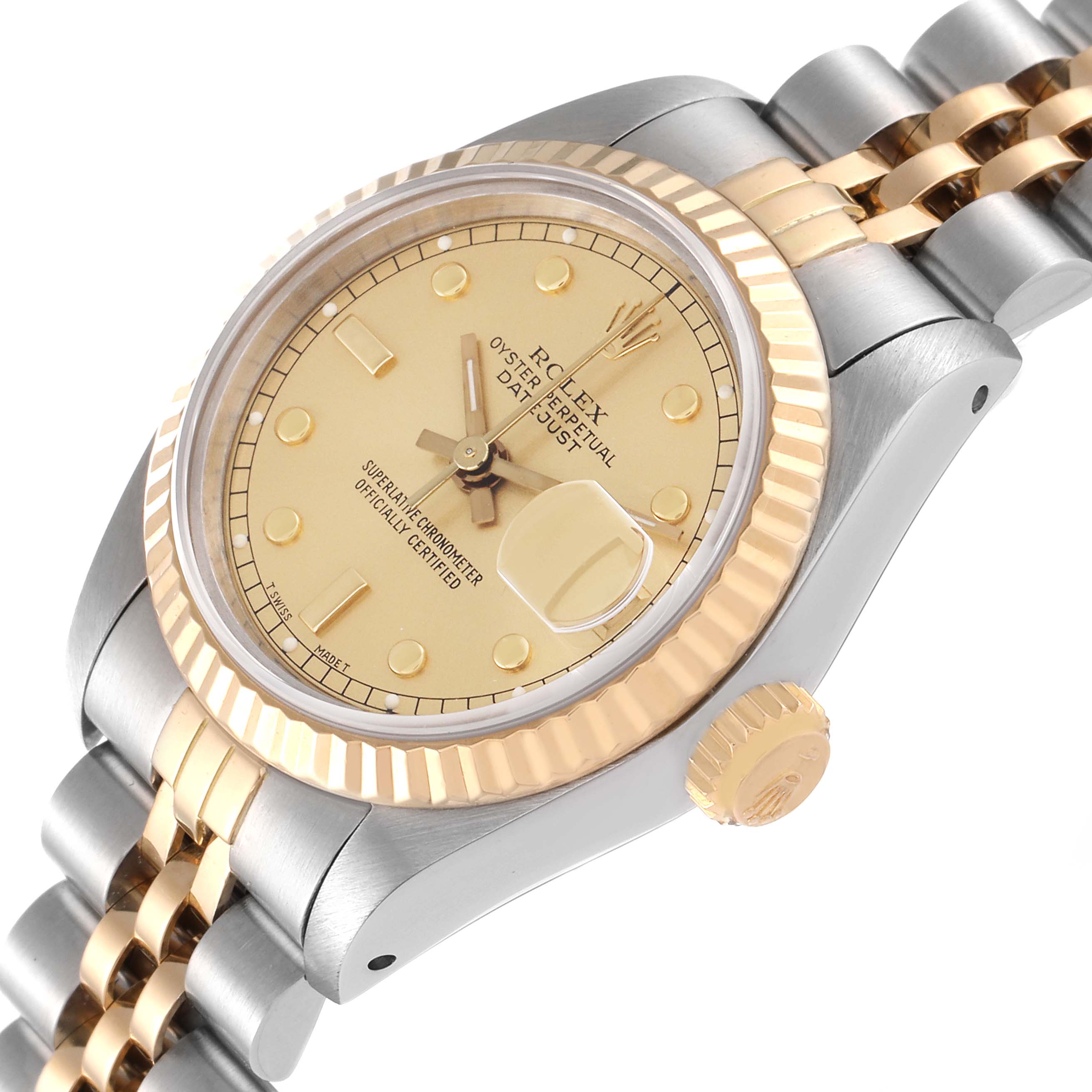 The Rolex Datejust 69173 Women's Steel and Gold (two tone) Champagne Dial 69173 Women's Steel and Gold (two tone) Champagne Dial watch is shown at a slight angle, displaying the dial, fluted bezel, crown, and two-tone jubilee bracelet.