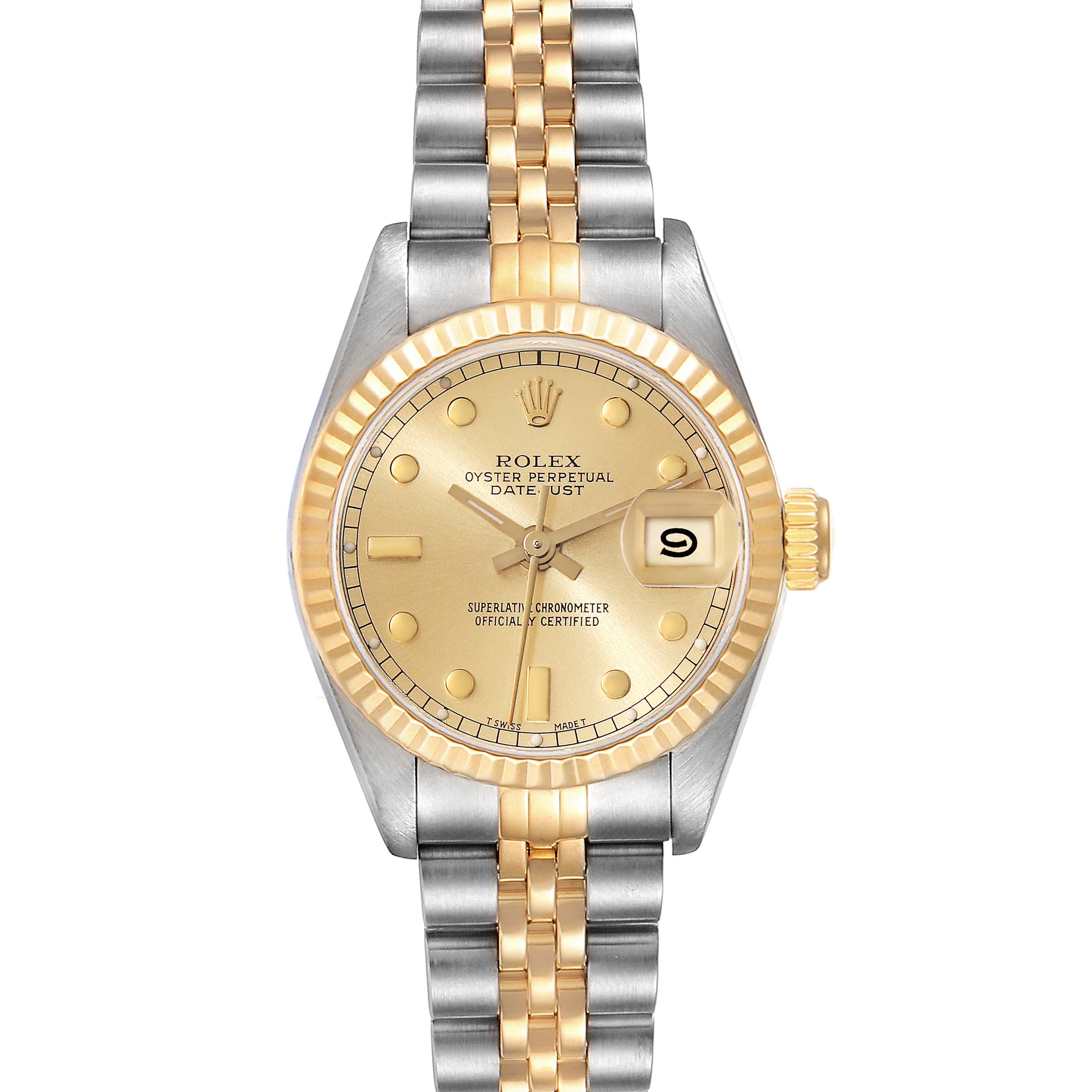 The image shows a Rolex Datejust 69173 Women's Steel and Gold (two tone) Champagne Dial 69173 Women's Steel and Gold (two tone) Champagne Dial model watch from above, displaying its face, bezel, and Jubilee bracelet.