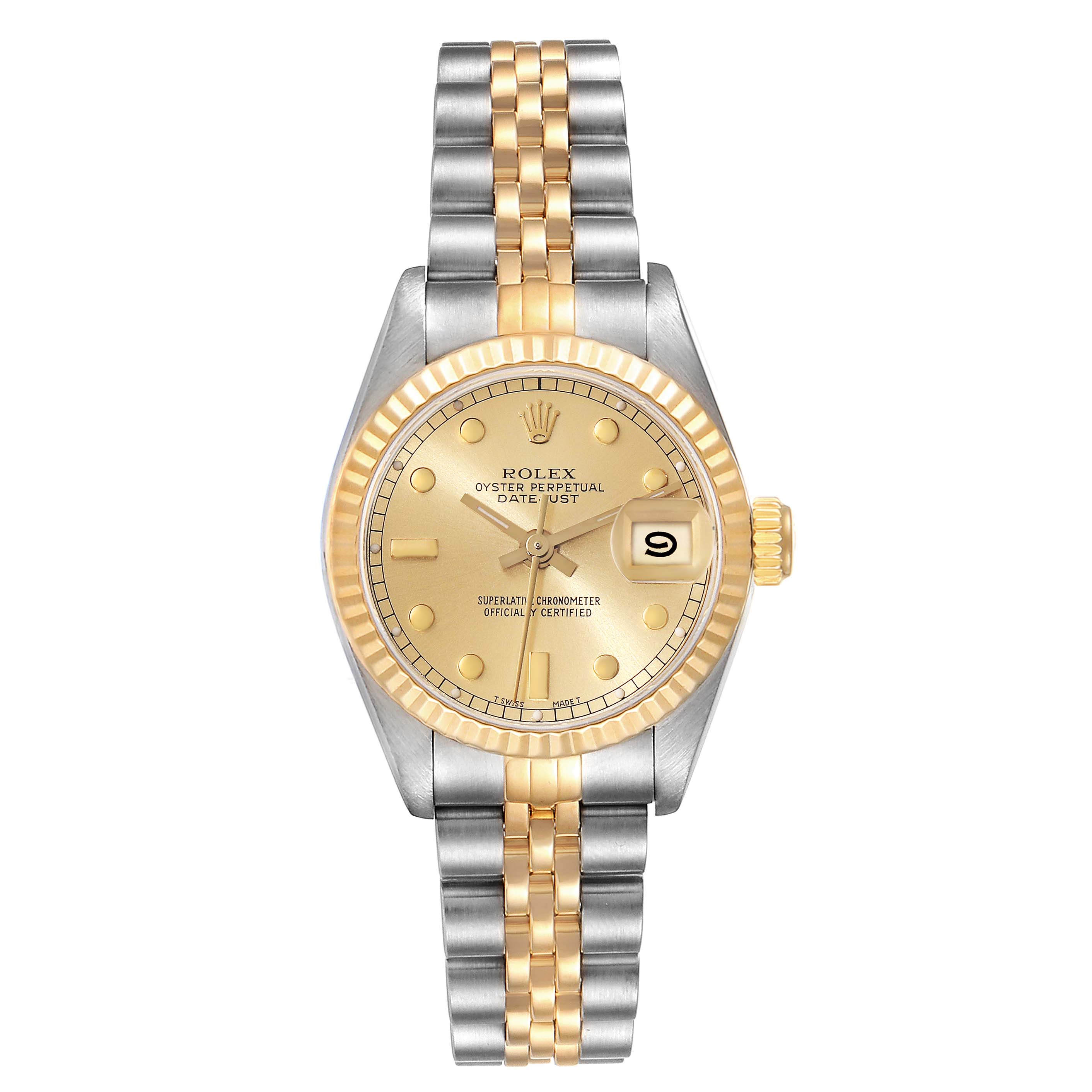 The Rolex Datejust 69173 Women's Steel and Gold (two tone) Champagne Dial 69173 Women's Steel and Gold (two tone) Champagne Dial watch is shown from the front, highlighting its dial, fluted bezel, and two-tone bracelet.