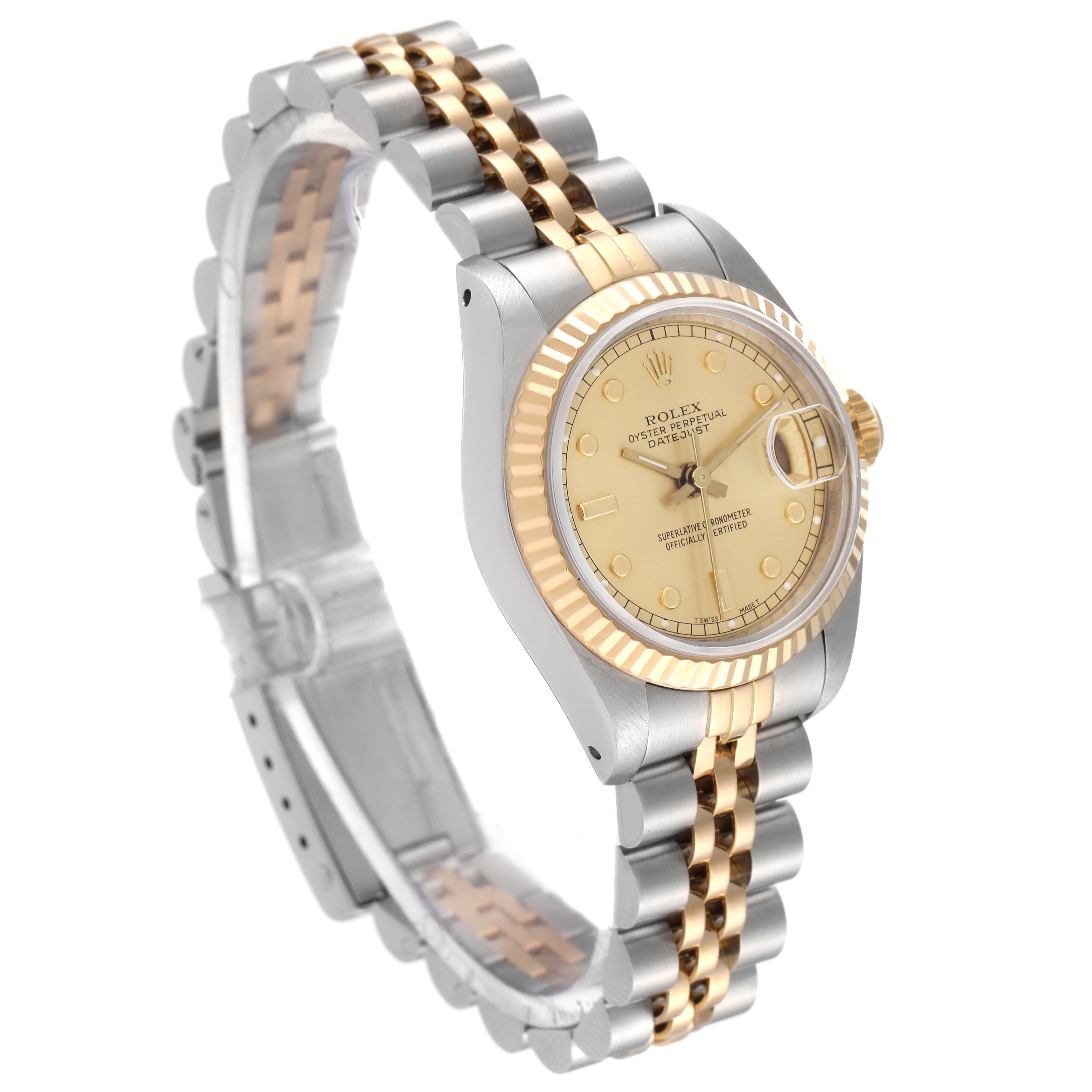 This Rolex Datejust 69173 Women's Steel and Gold (two tone) Champagne Dial 69173 Women's Steel and Gold (two tone) Champagne Dial model is shown at a slight angle, showcasing the gold and silver bracelet, case, and dial.