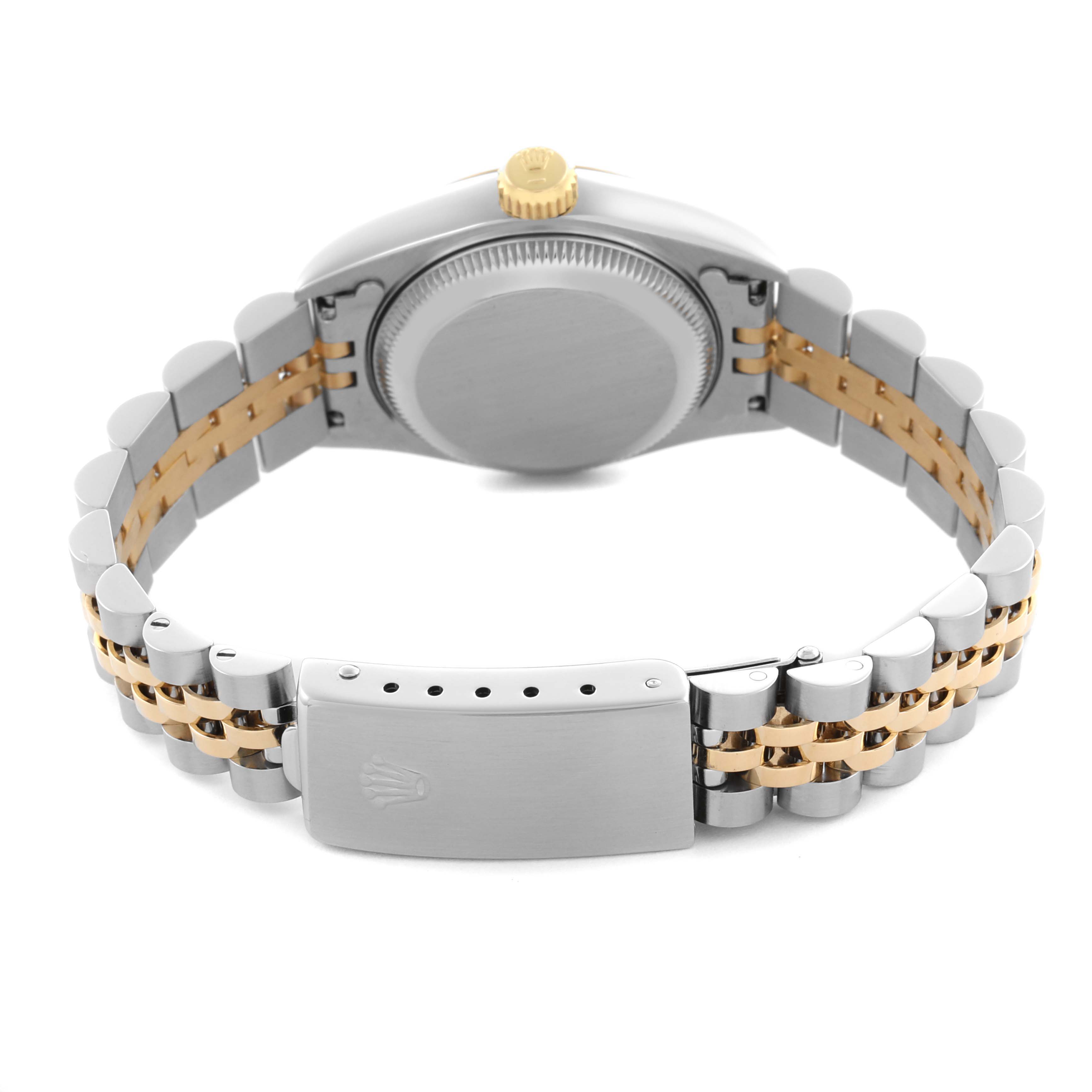 The image shows the back of a Rolex Datejust 69173 Women's Steel and Gold (two tone) Champagne Dial 69173 Women's Steel and Gold (two tone) Champagne Dial, highlighting the case back, crown, and Jubilee bracelet with a clasp.