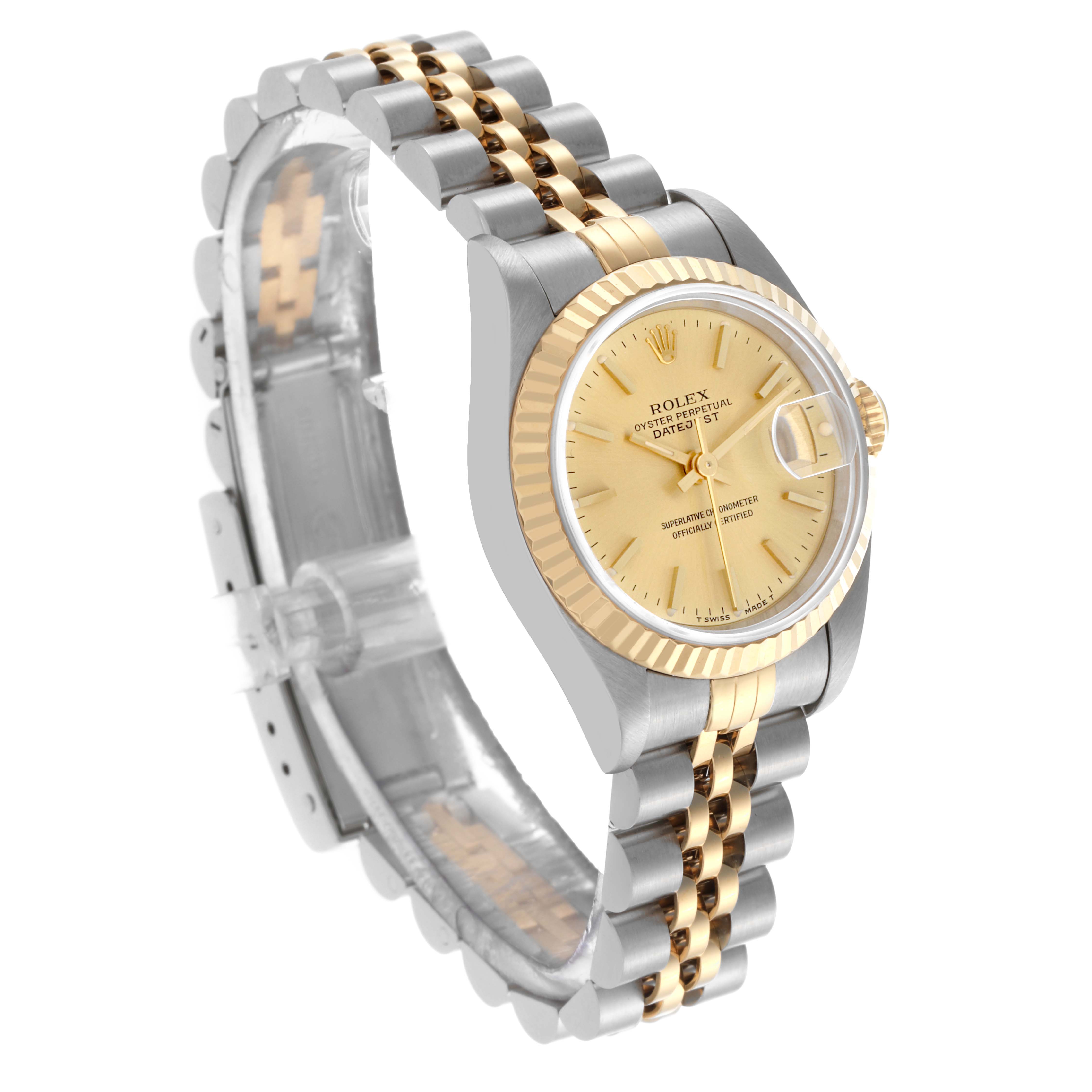The Rolex Datejust 69173 Women's Steel and Gold (two tone) Champagne Dial 69173 Women's Steel and Gold (two tone) Champagne Dial watch is shown at a three-quarter angle, highlighting the gold and silver bracelet and the gold dial with a fluted bezel.