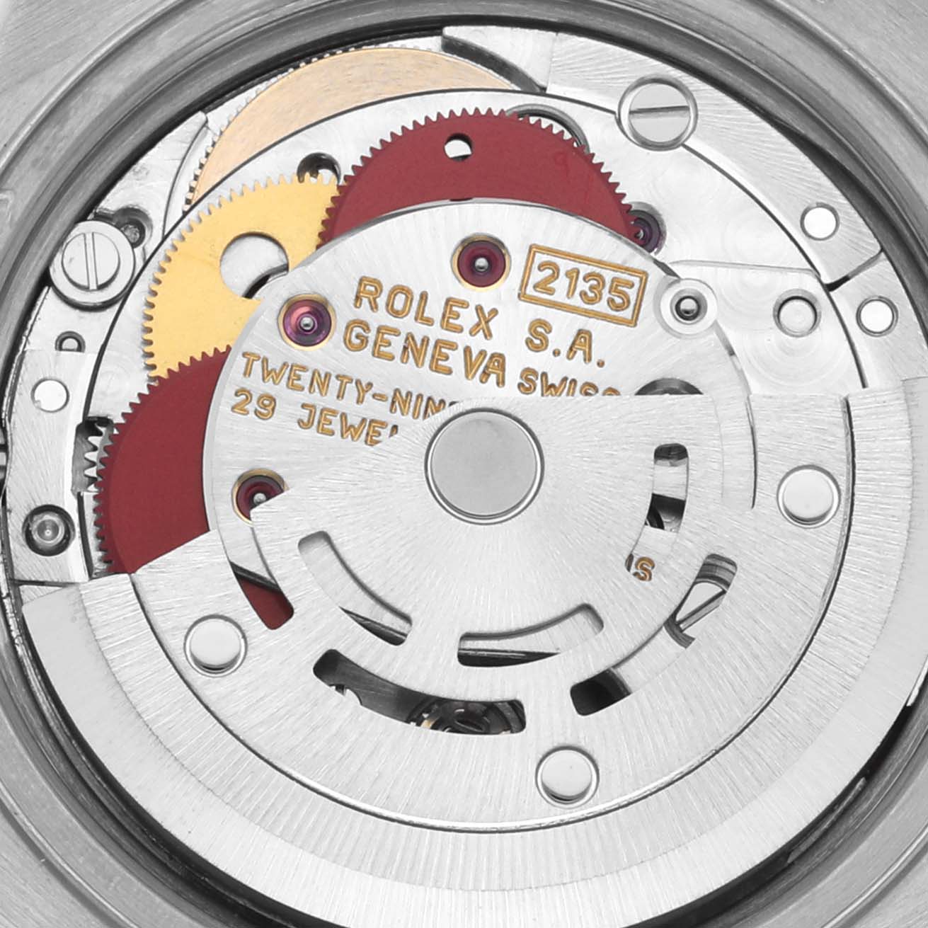 The image shows the movement mechanism of a Rolex Datejust 69173 Women's Steel and Gold (two tone) Champagne Dial 69173 Women's Steel and Gold (two tone) Champagne Dial, highlighting gears and the rotor from a top view.