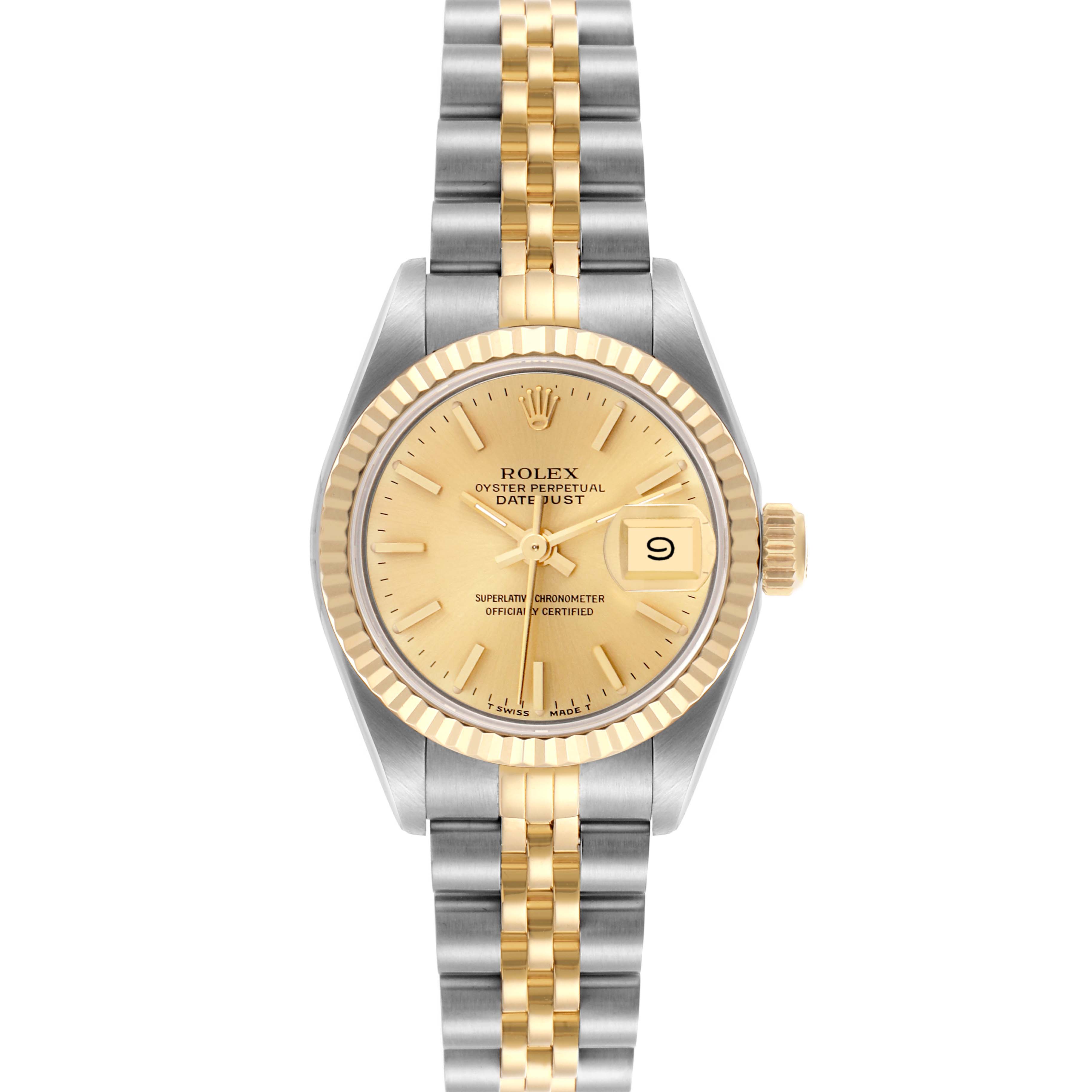 The Rolex Datejust 69173 Women's Steel and Gold (two tone) Champagne Dial 69173 Women's Steel and Gold (two tone) Champagne Dial is shown from the front, displaying the face, bezel, and two-tone Jubilee bracelet.