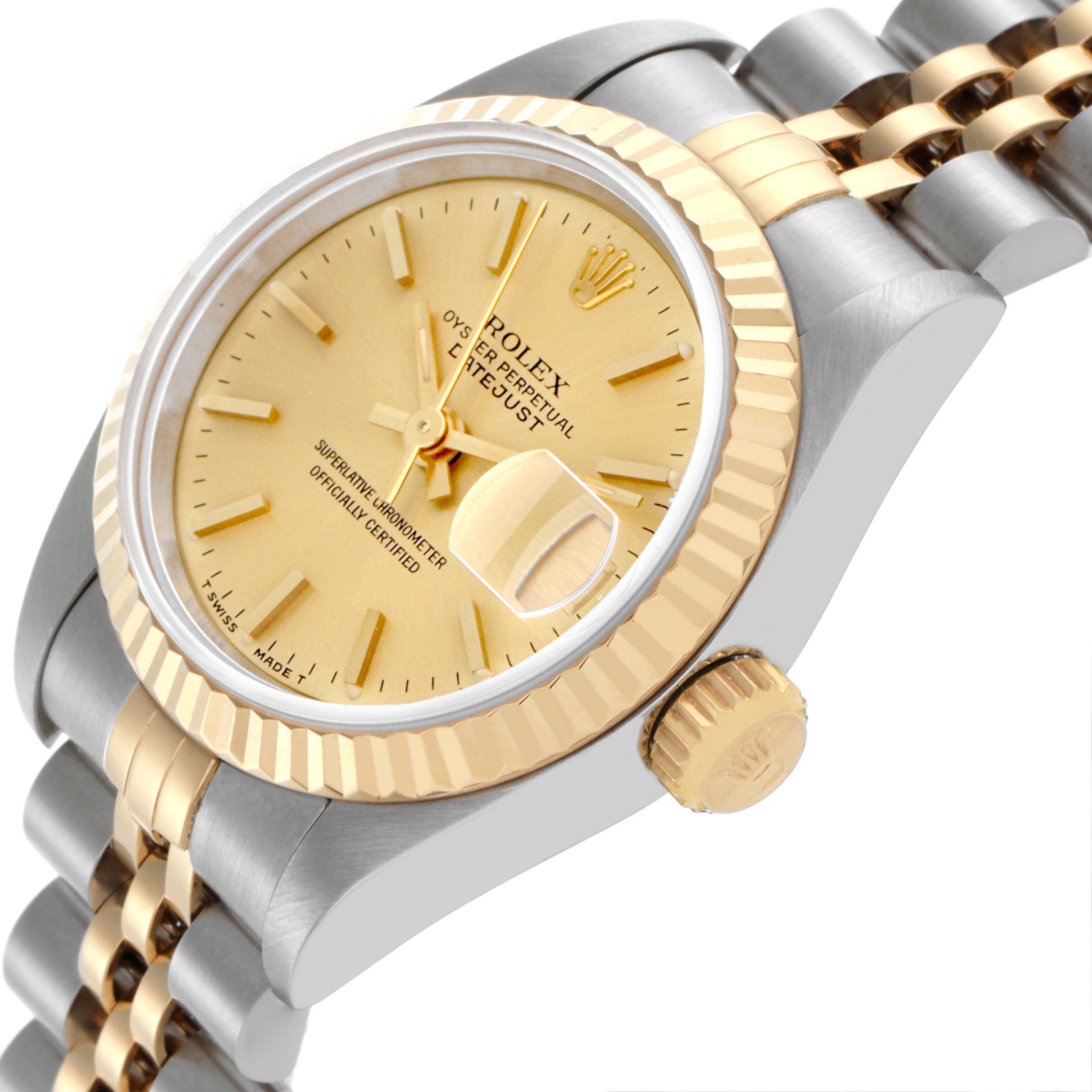 The Rolex Datejust 69173 Women's Steel and Gold (two tone) Champagne Dial 69173 Women's Steel and Gold (two tone) Champagne Dial watch is shown at an angled side view, displaying its case, crown, dial, and part of the bracelet.