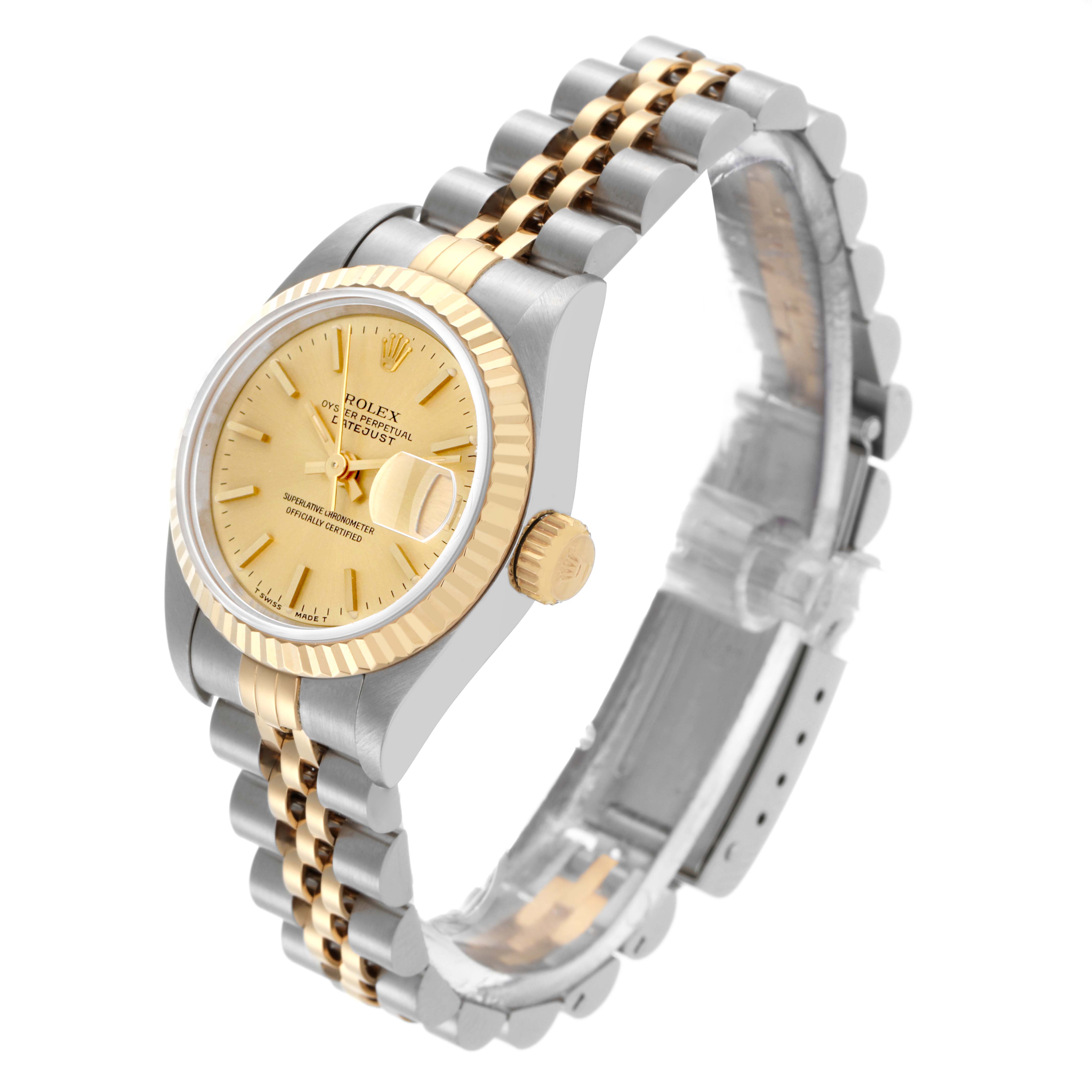 The Rolex Datejust 69173 Women's Steel and Gold (two tone) Champagne Dial 69173 Women's Steel and Gold (two tone) Champagne Dial watch is shown at a front-side angle, highlighting the dial, bezel, crown, and bracelet.