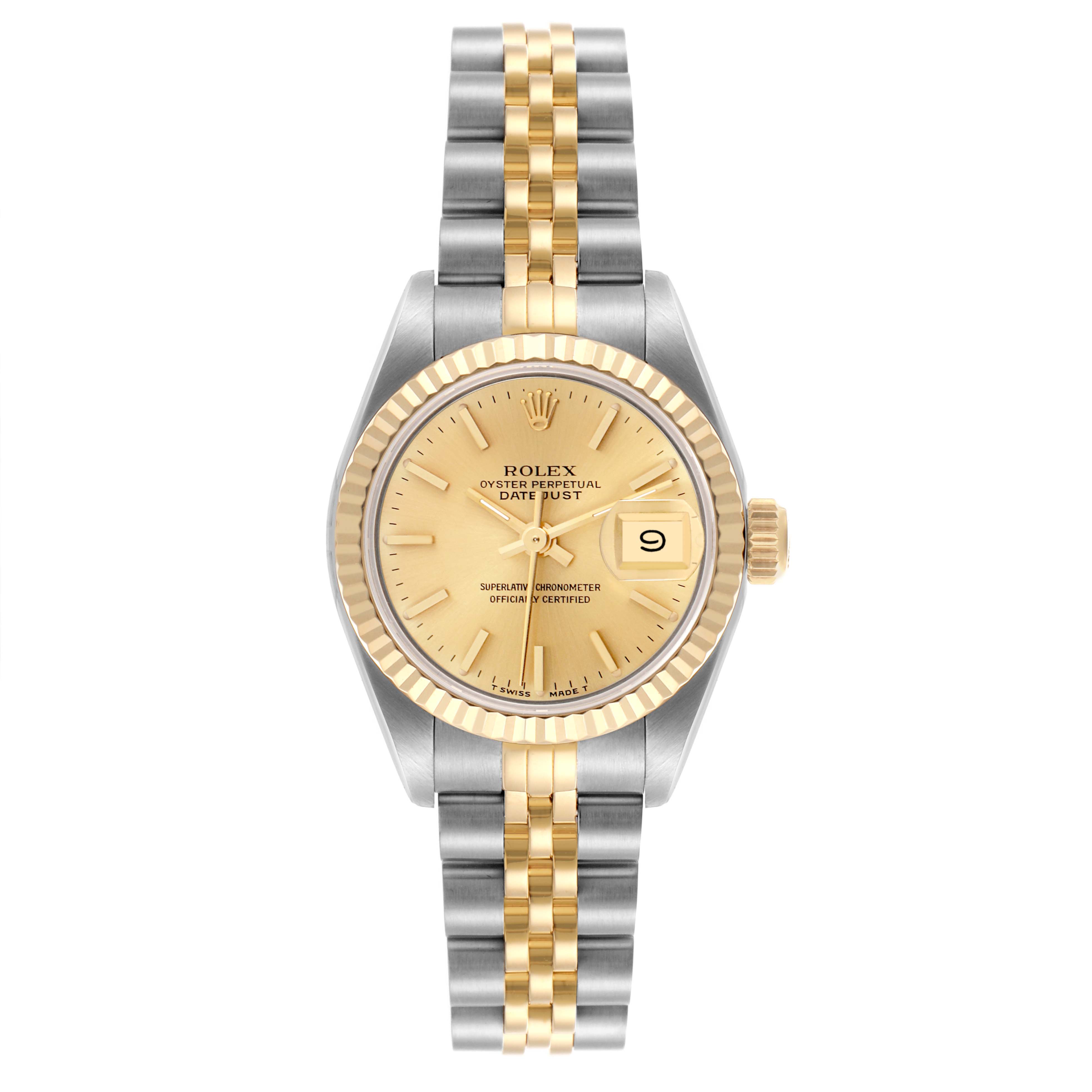 The Rolex Datejust 69173 Women's Steel and Gold (two tone) Champagne Dial 69173 Women's Steel and Gold (two tone) Champagne Dial watch is shown from a top view, highlighting its gold and silver Jubilee bracelet and gold dial with date function.