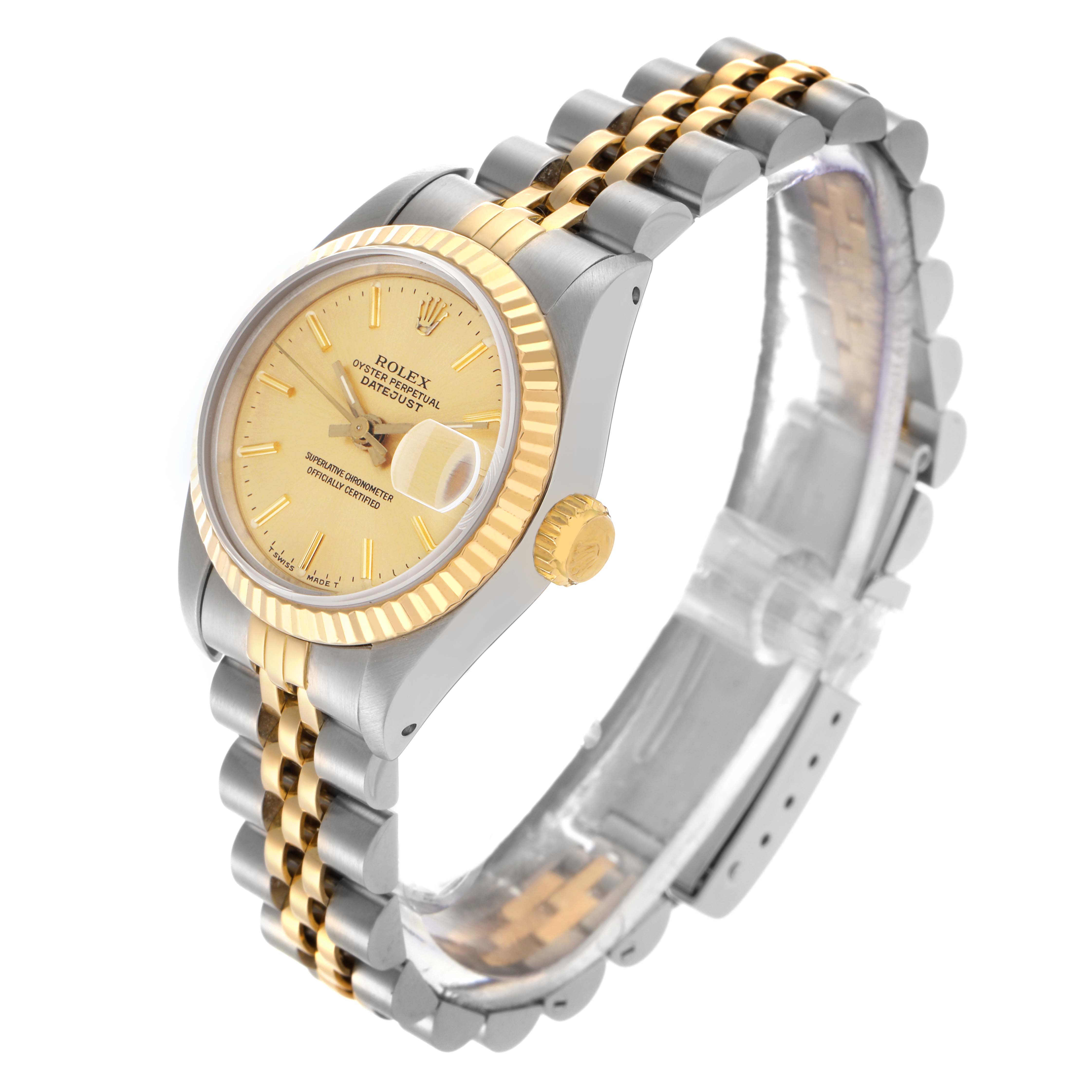 The Rolex Datejust 69173 Women's Steel and Gold (two tone) Champagne Dial 69173 Women's Steel and Gold (two tone) Champagne Dial watch is shown at a three-quarter angle, highlighting its gold and silver bracelet, bezel, crown, and dial.